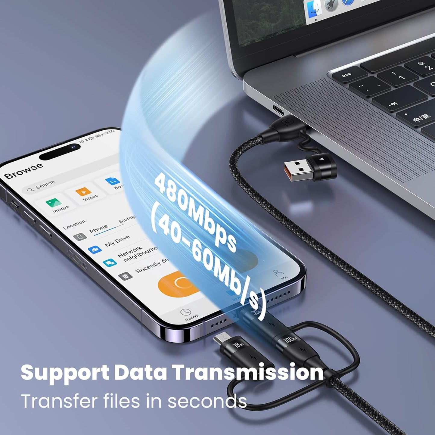 100W USB C Multi Charging Cable, USAMS 6.6FT 5-in-1 5A Fast Sync Charger Adapter Nylon Braided Type-C Cable for Laptop/Tablet/Phone and More