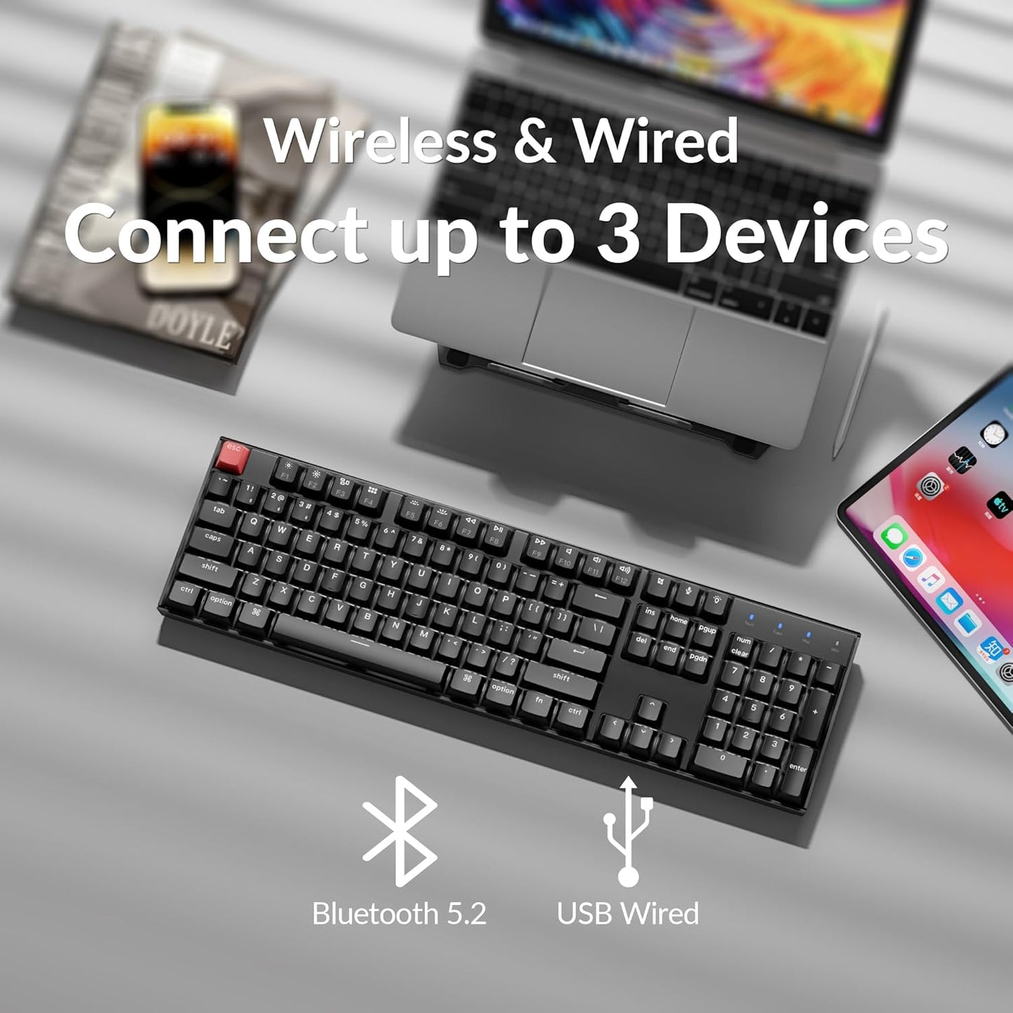 Keychron K10 Full Size Layout White LED Backlit Hot-Swappable Mechanical Keyboard for Mac Windows, 104-Key Bluetooth Wireless/USB Wired Computer Keyboard with Keychron Super Brown Switch(Version 2)