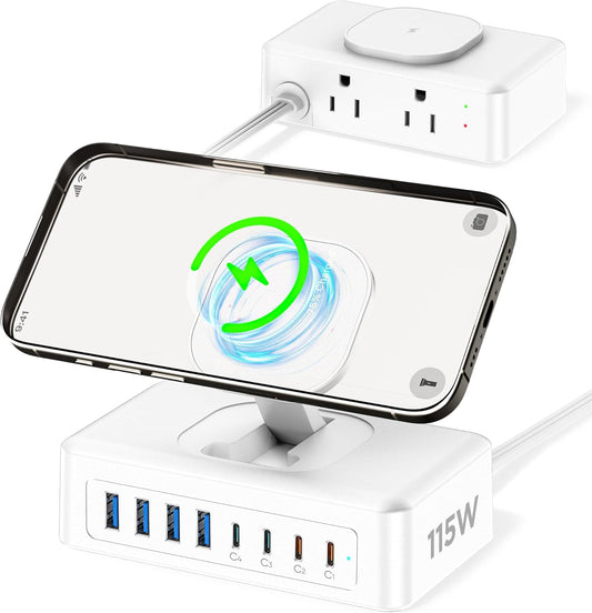 115W USB Charging Station Power Strip, 11-in-1 USB C Charger Block, 2AC Outlets with 8USB Ports(4USB-C), 5FT Flat Plug Extension Cord, Fast Charging Desktop Charger for Home Office Dorm Room, White