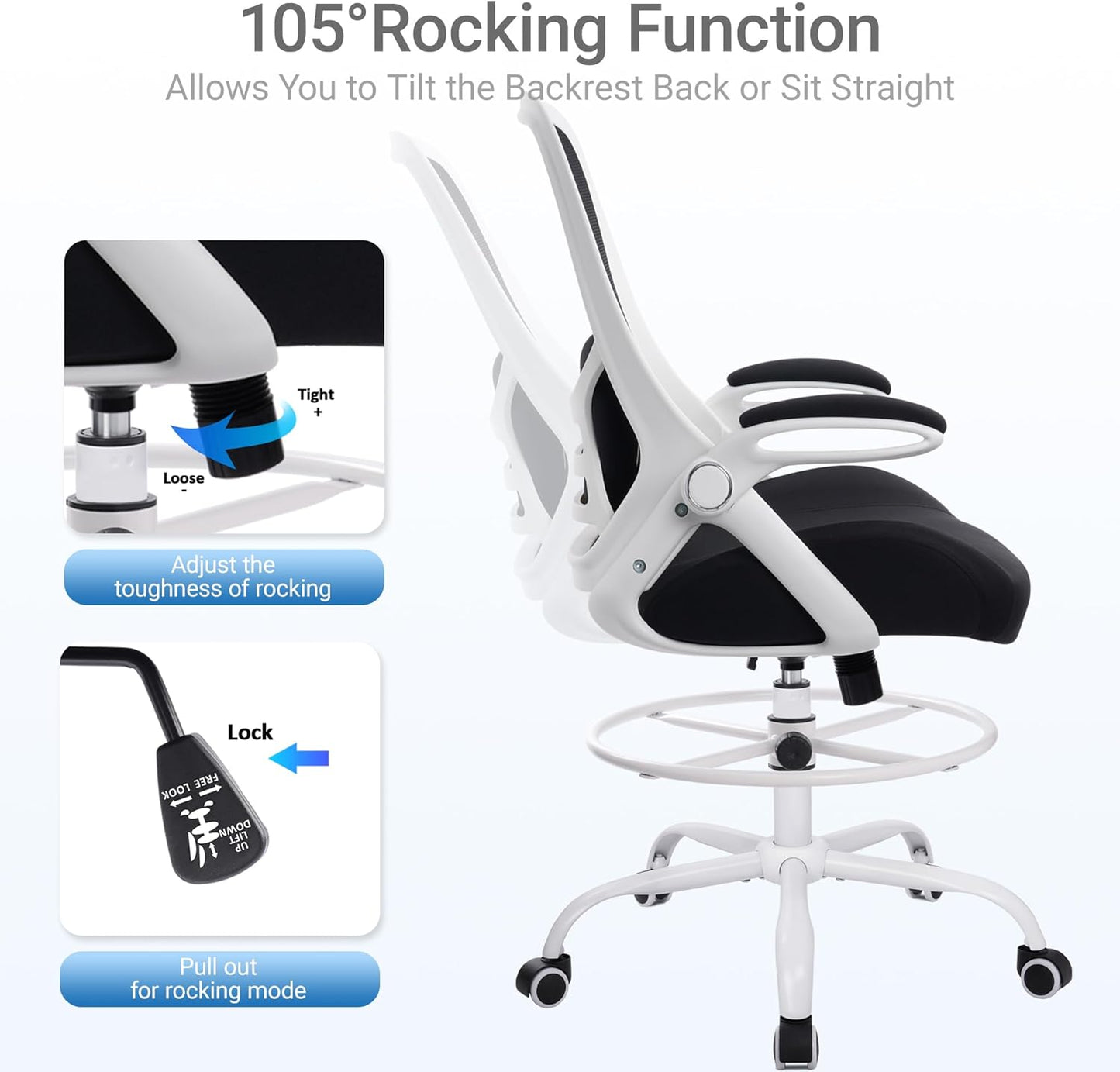 HYLONE 400lbs Heavy Duty Drafting Chair 5" Thickened Seat Office Chair with Flip-Up Armrests Tall Ergonomic Computer Chair with Lumbar Support and Adjustable Footrest Ring Standing Desk Chair (Black)