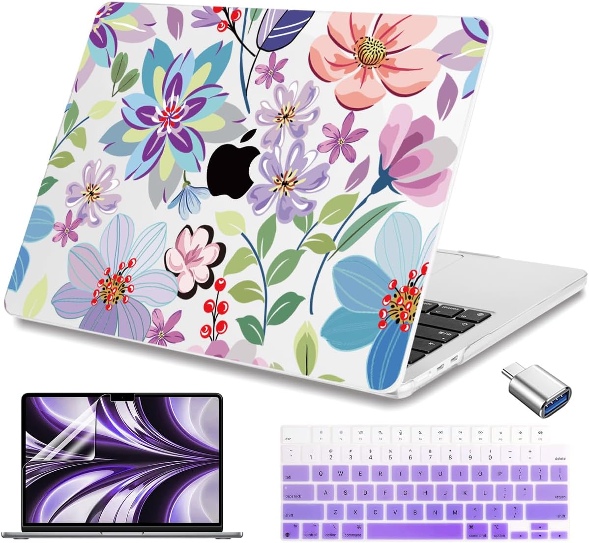 Teryeefi for M4 M3 M2 MacBook Air 13 inch Case 2025 2024 2023 2022 Release A3240 A3113 A2681 Model, for 13.6 inch MacBook Air Hard Shell Case + Keyboard Cover +Type C Adapter, Pretty Flowers Clear-104