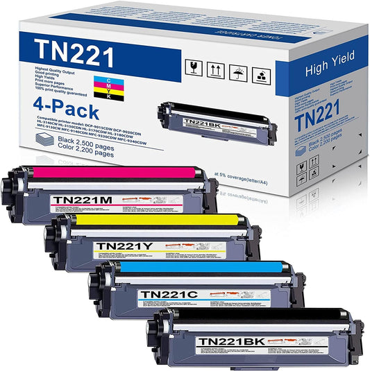 Joni MGToner Compatible TN221 TN-221 Toner Cartridge Replacement for HL-3140CW HL-3180CDW HL-3170CDW MFC-9130CW MFC-9340CDW MFC-9330CDW Printer (4 Pack, 1BK+1C+1M+1Y)