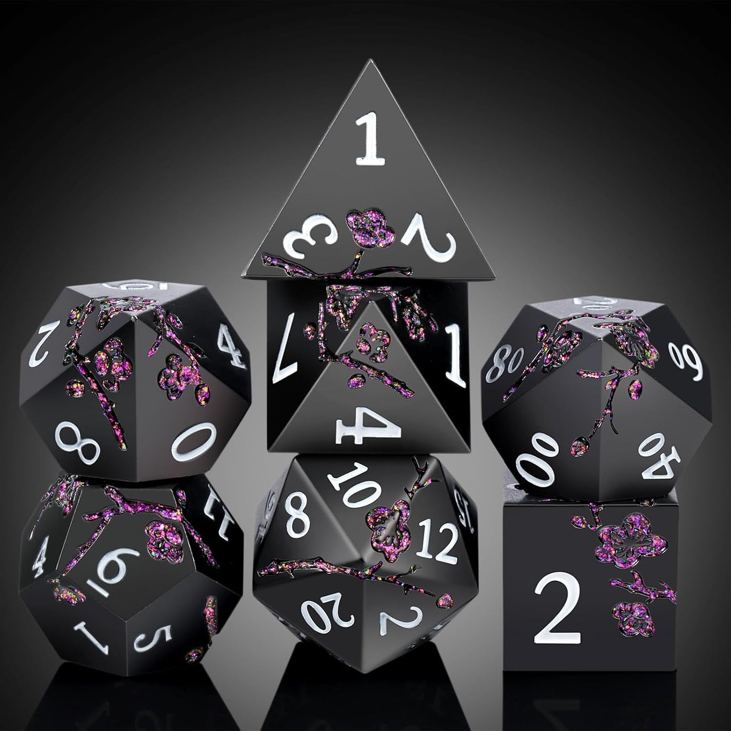 Glitter Purple Metal D&D Dice, DNDND 7 PCS Flower Metallic DND Dice Set with Gorgeous Gift Case for Dungeons and Dragon Tabletop Game (Matte Black with Glitter Purple Flower)
