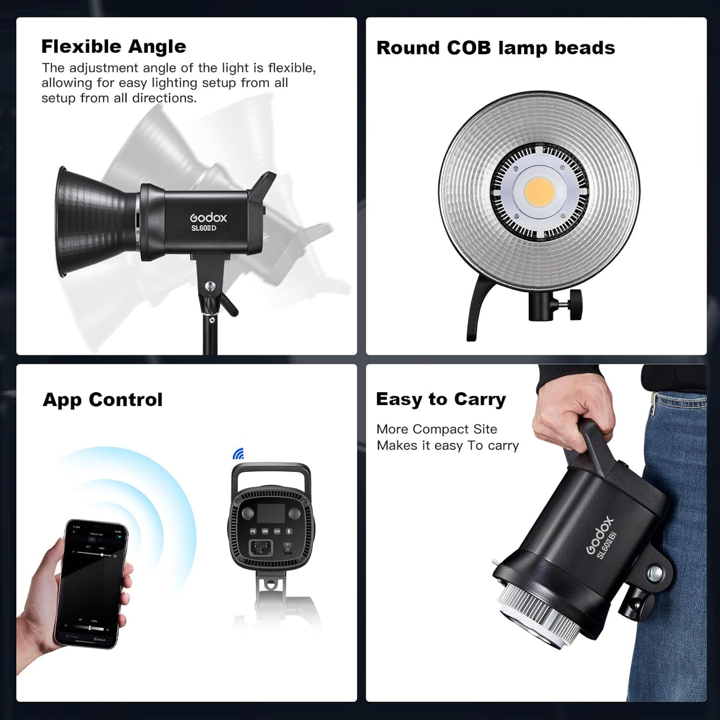 Godox SL60IID Softbox Lighting Kit Professional Studio Equipment with Softbox, SL60II-D 75W LED Video Light 3-Light Kit with APP control, Reflector, light stand, Boom Arm for Portrait Product Shooting