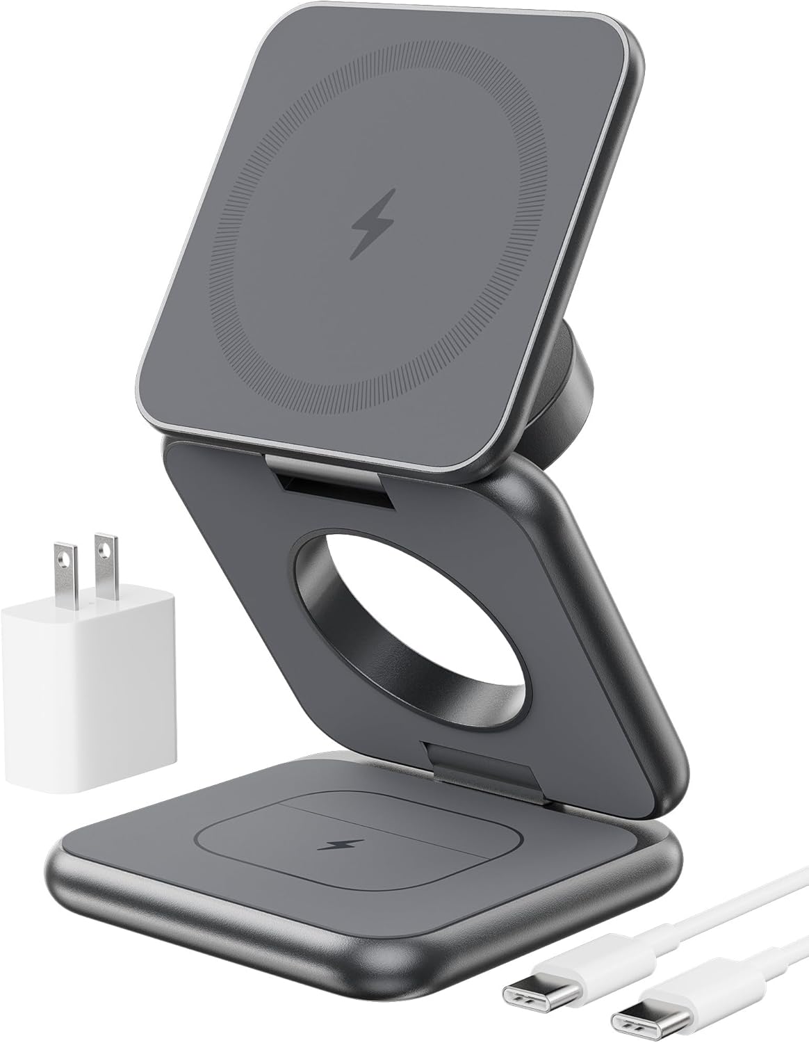 Foldable Magnetic Wireless Charger, KU XIU X40 Aluminum Alloy 3 in 1 Charging Station for Apple, Fast Magnetic Charger Stand for iPhone 16 15 14 13 12 Series, 5W for iWatch, AirPods 3/2/Pro, Gray