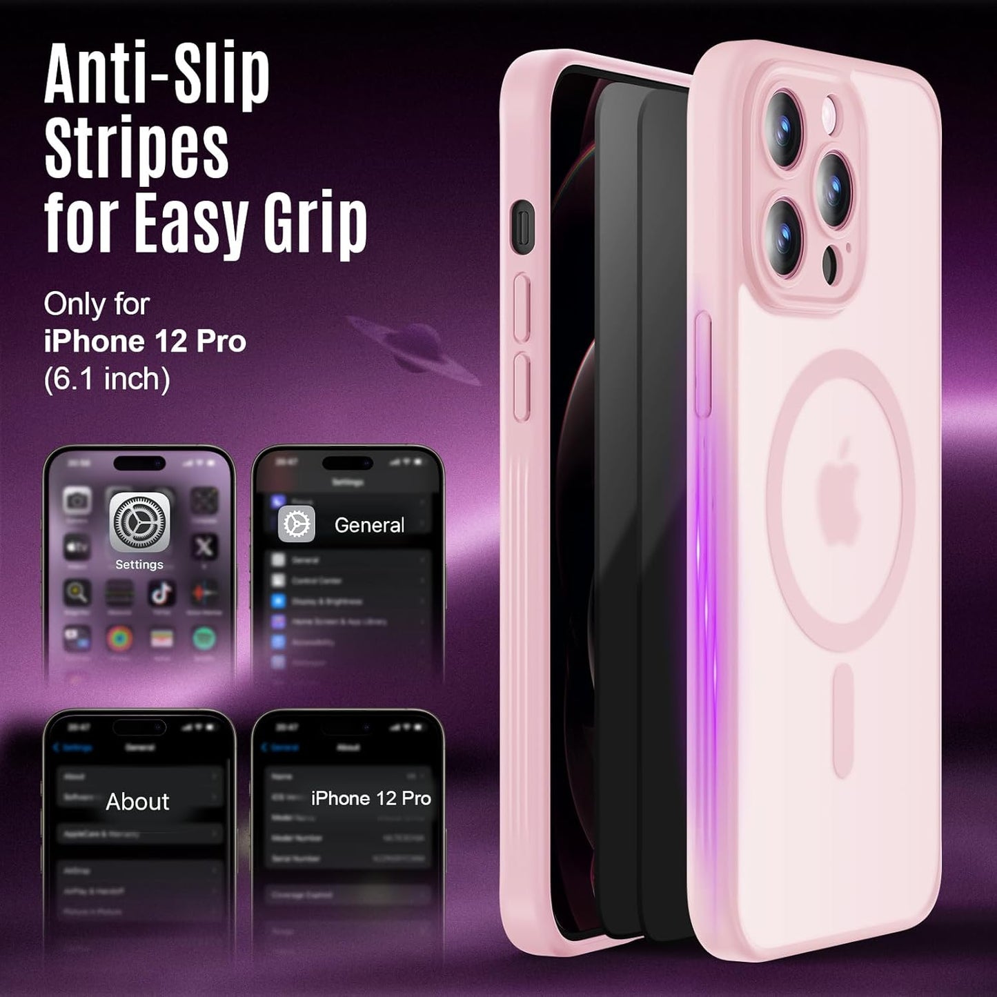 Designed for iPhone 12 Pro Case, Compatible with MagSafe, with Privacy Screen Protectors X2, [Camera Protection] [15FT Military Drop Protection] Shockproof Phone Case, 6.1", Pink