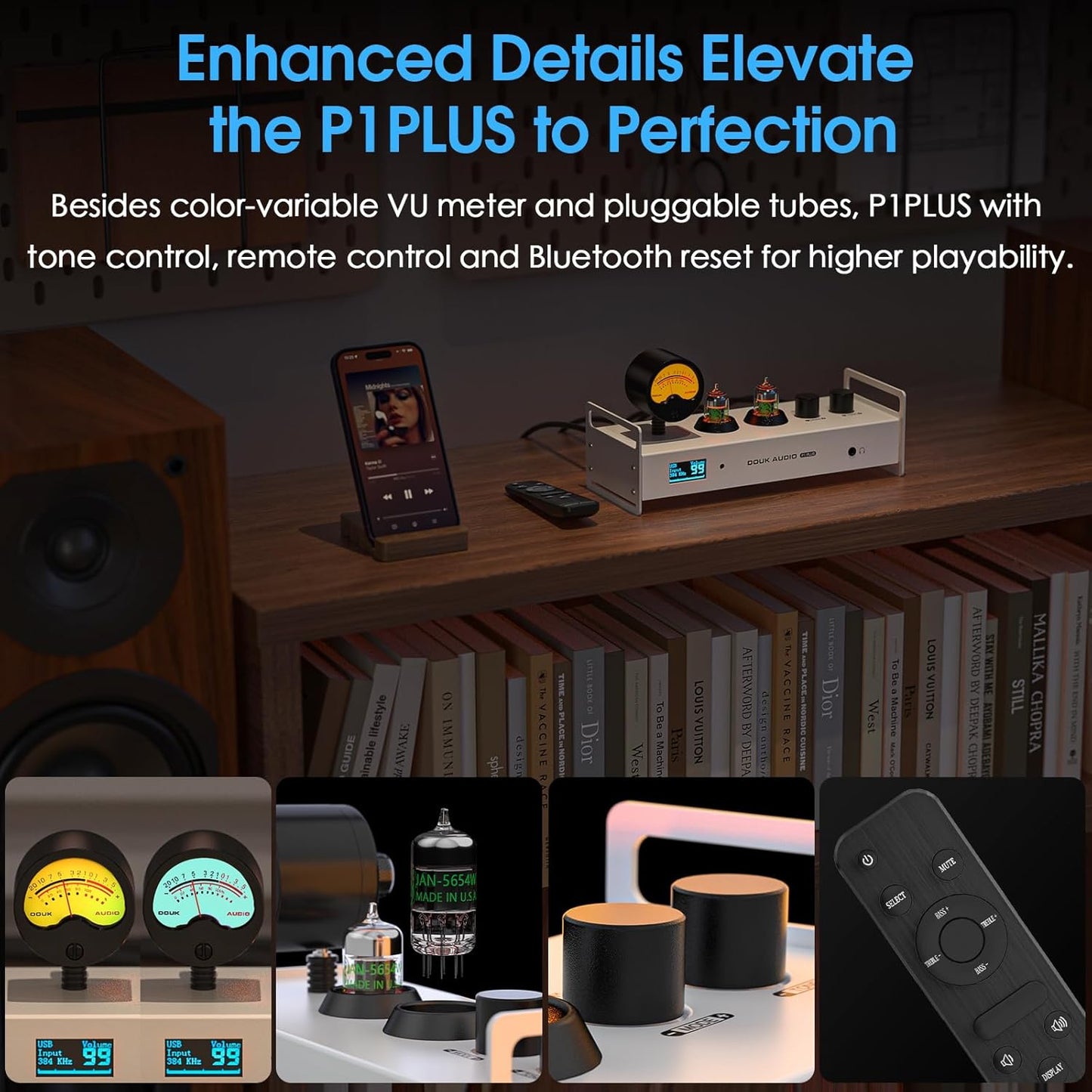 Douk Audio 2 Channel Bluetooth Vacuum Tube Preamp, Hi-Fi Headphone Amp, USB DAC PC Sound Card, Wireless Receiver Audio Preamplifier with VU Meter, Optical, Coaxial, APTX, LDAC, DSD256, Remote Control