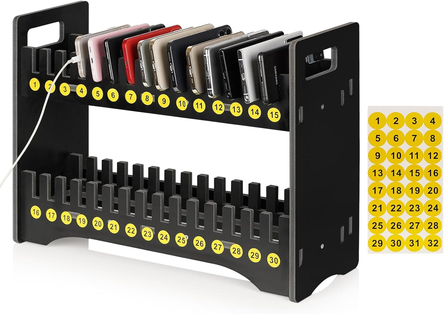 Cell Phone Holder Classroom Cell Phone Storage 2-Tier Multiple Cell Phone Stand Rack with 1-30 Number Stickers PVC Board Mobile Phone Holder Desktop Organizer for Classroom (Black, 30 Slots)