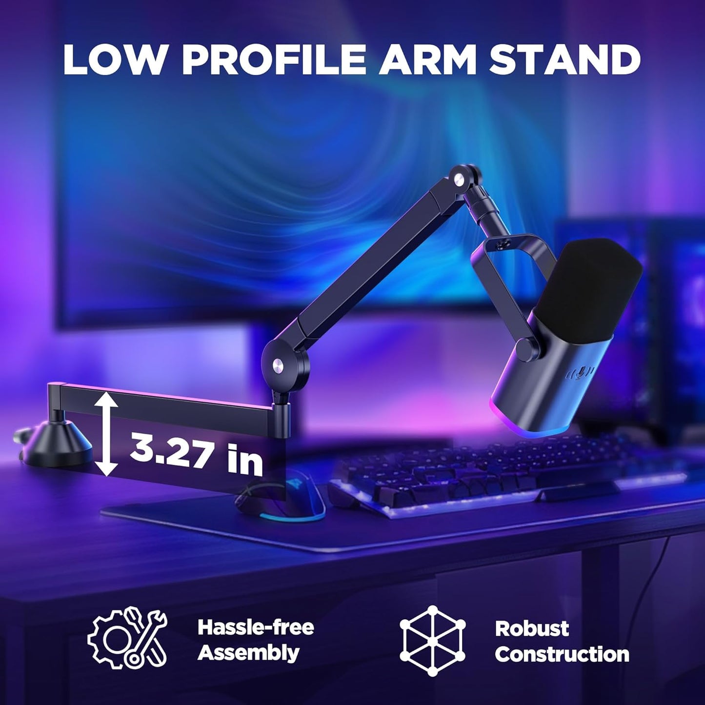 InnoGear Low Profile Mic Arm, 360° Rotatable Microphone Boom Arm Mic Stand for Fifine AM8 K669B Blue Yeti HyperX QuadCast SoloCast AT2020, with Mic Clip 3/8" to 5/8", 3/8" to 1/4" Adapter, Black