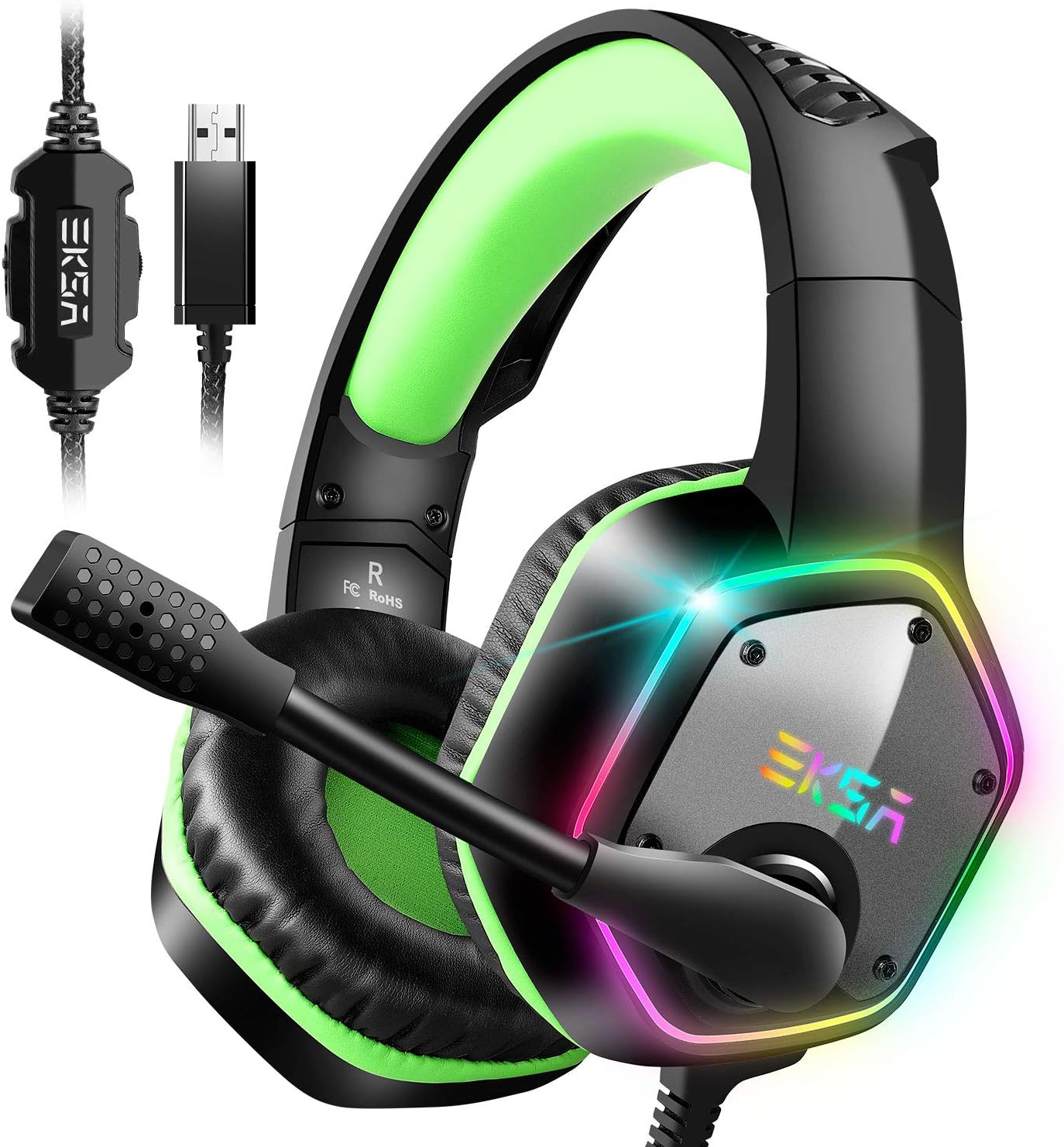 EKSA E1000 Gaming Headset, Computer Headphones with Noise Canceling Mic & RGB Light, Compatible with PC, PS4, PS5, Laptop