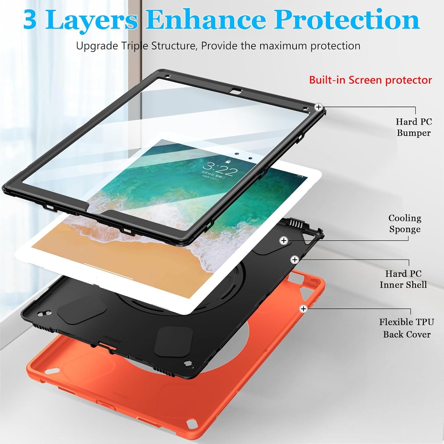 Case for iPad Pro 12.9 2nd Generation 2017 & 2015 1st Generation, Heavy Duty Rugged Shockproof Protective Cover w/ 360° Rotatable Stand + Handle Hand & Shoulder Strap + Pencil Holder-Orange