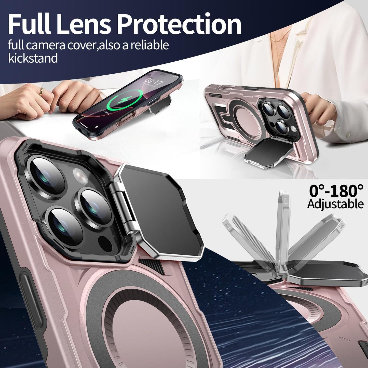 Camera Stand Case for iPhone 16 Pro, [Compatible with Mag Safe] [Lens Cover] 2024 Version Military Grade Protective Soft Case for iPhone 16 Pro 6.3 inch Men Women, Pink