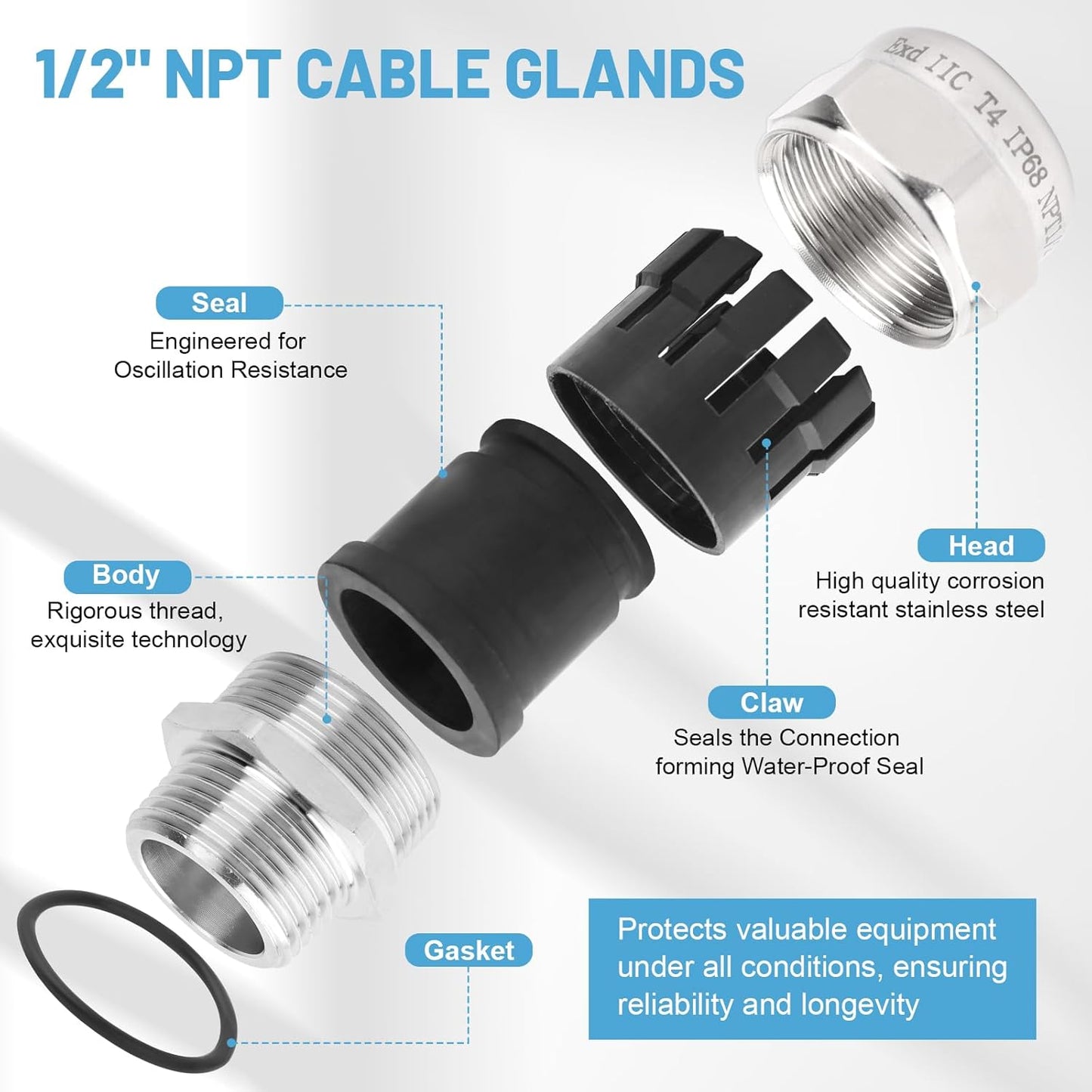NPT 1/2" Stainless Steel Waterproof Cable Gland IP68 Waterproof Cable Gland Adjustable 6-12mm Cable Gland Protectors - 2 Pcs
