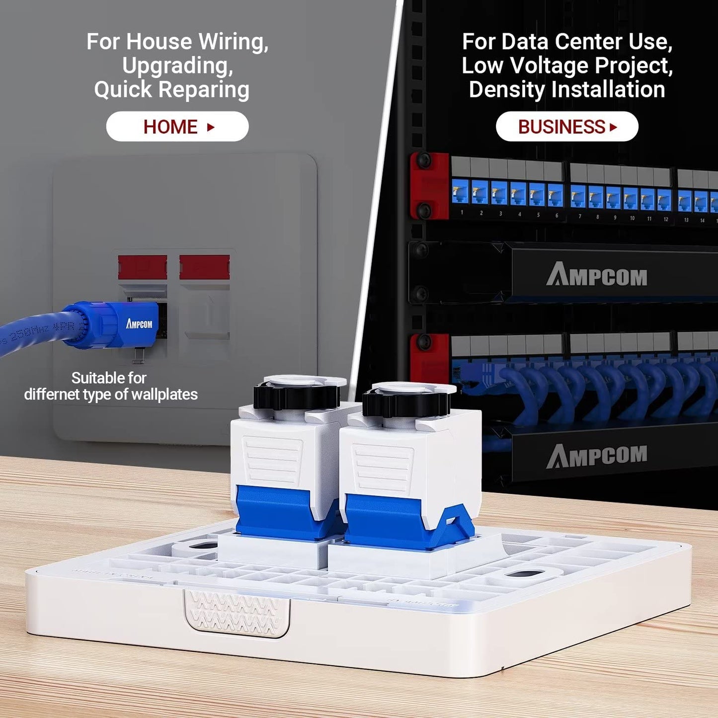 AMPCOM CAT6 RJ45 Keystone Jack - Reusable UTP Ethernet Wall Jack with Adjustable Ratchet Lock Design, No Tool and Zip Tie Required - 50u Gold Plated - Blue (2-Pack)