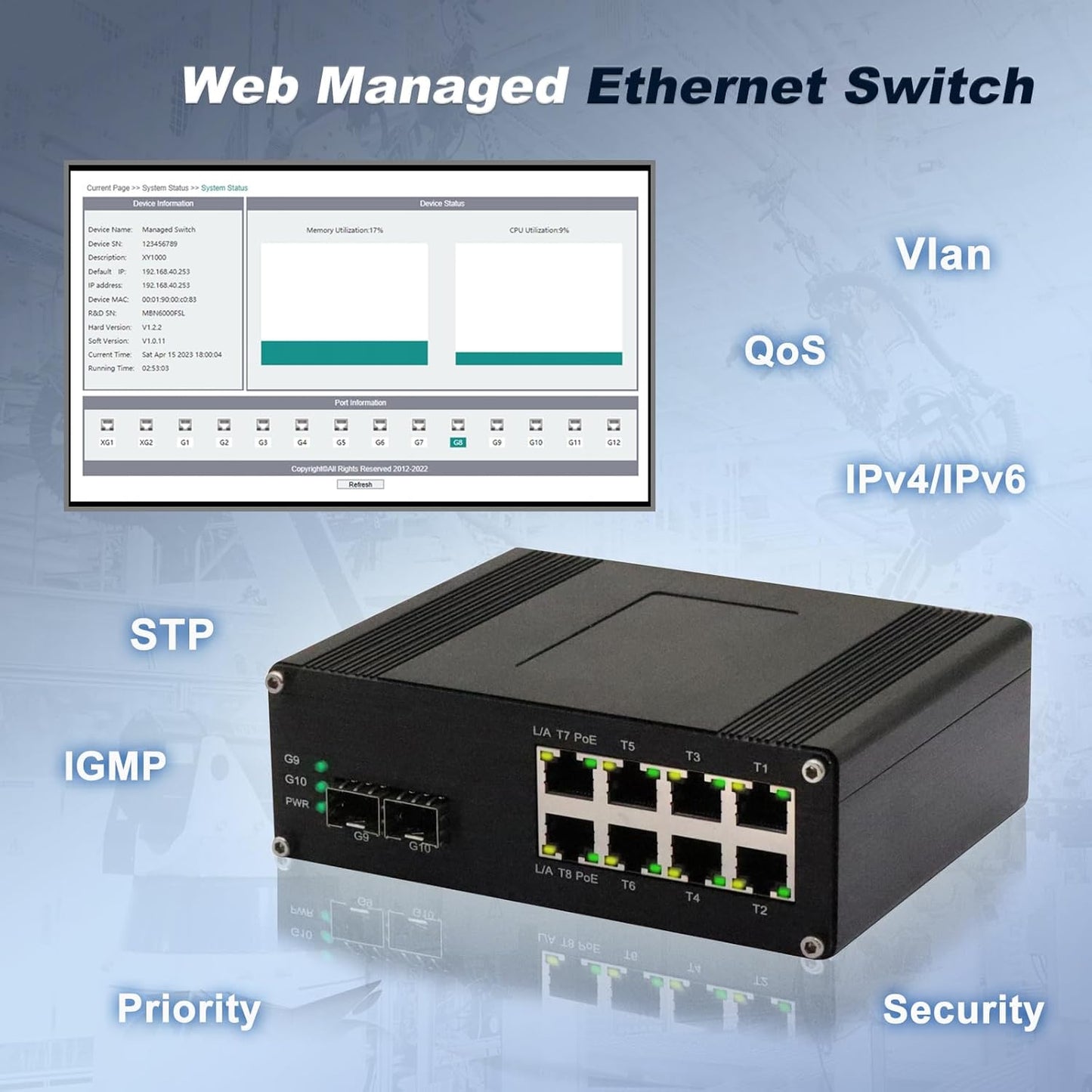 Managed 8-Port 2.5G Switch with 2-Port 10G SFP+, Industrial IEEE 802.3af/at 30W PoE Ethernet Switch, 48~57VDC Power Input, Plug & Play, Support QoS, Vlan, IGMP