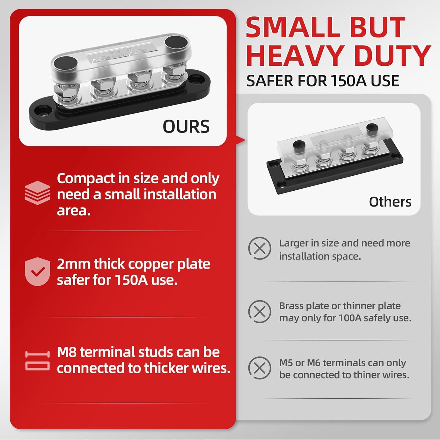 DAIERTEK Bus Bar 12V 150A Mini Power Distribution Block Max 48V DC/300V AC with Cover 4 x 5/16" Posts for Marine Automotive Solar Systems -Negative+Positive