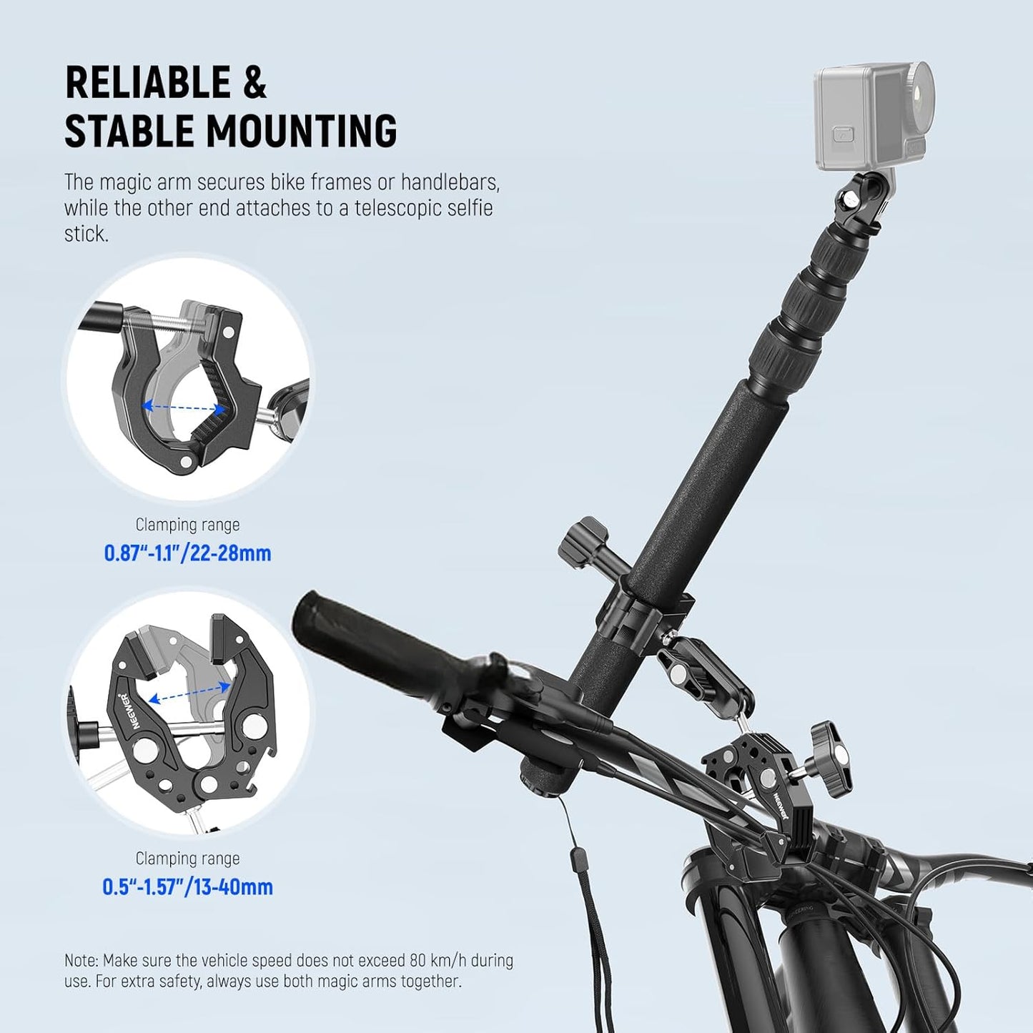 NEEWER Motorcycle Camera Mount Kit, Bicycle Handlebar Invisible Selfie Stick, 360° Ball Heads, Super Clamps & Cleaning Cloth, Compatible with GoPro Insta360 DJI AKASO Action Cam Video Recording, GP-30
