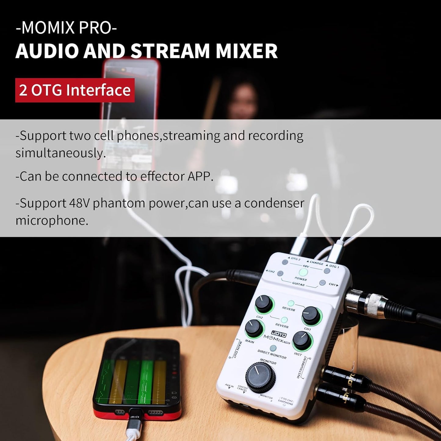 JOYO Audio Mixer USB Audio Interface Stereo XLR+48V Phantom Power Mixer for Live Streaming Recording Podcasting Plug & Play (MOMIX PRO)