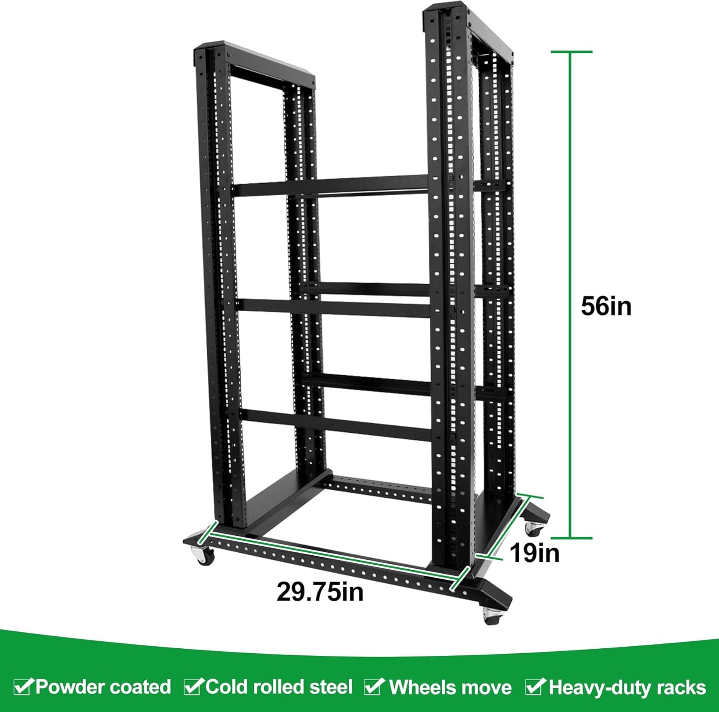 27U Server Rack/4-Post 19in Network Rack/Open Frame Rack with Wheels, Heavy-Duty Frame Cabinet/Adjustable Depth 29.75-27.75in GLOBALRACK(4POST-1000-27U)