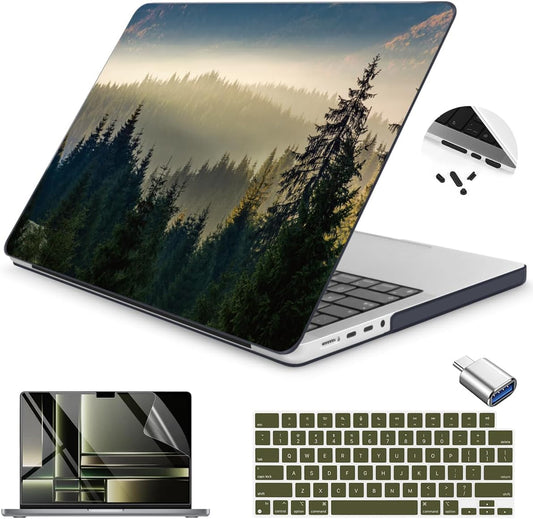 Teryeefi for MacBook Pro 14 inch Case M4 M3 M2 M1 2024 2023 2021 (Model:A3112 A3401 A3185 A2918 A2992 A2779 A2442), Hard Shell Cover + Keyboard Cover, Forest Landscape