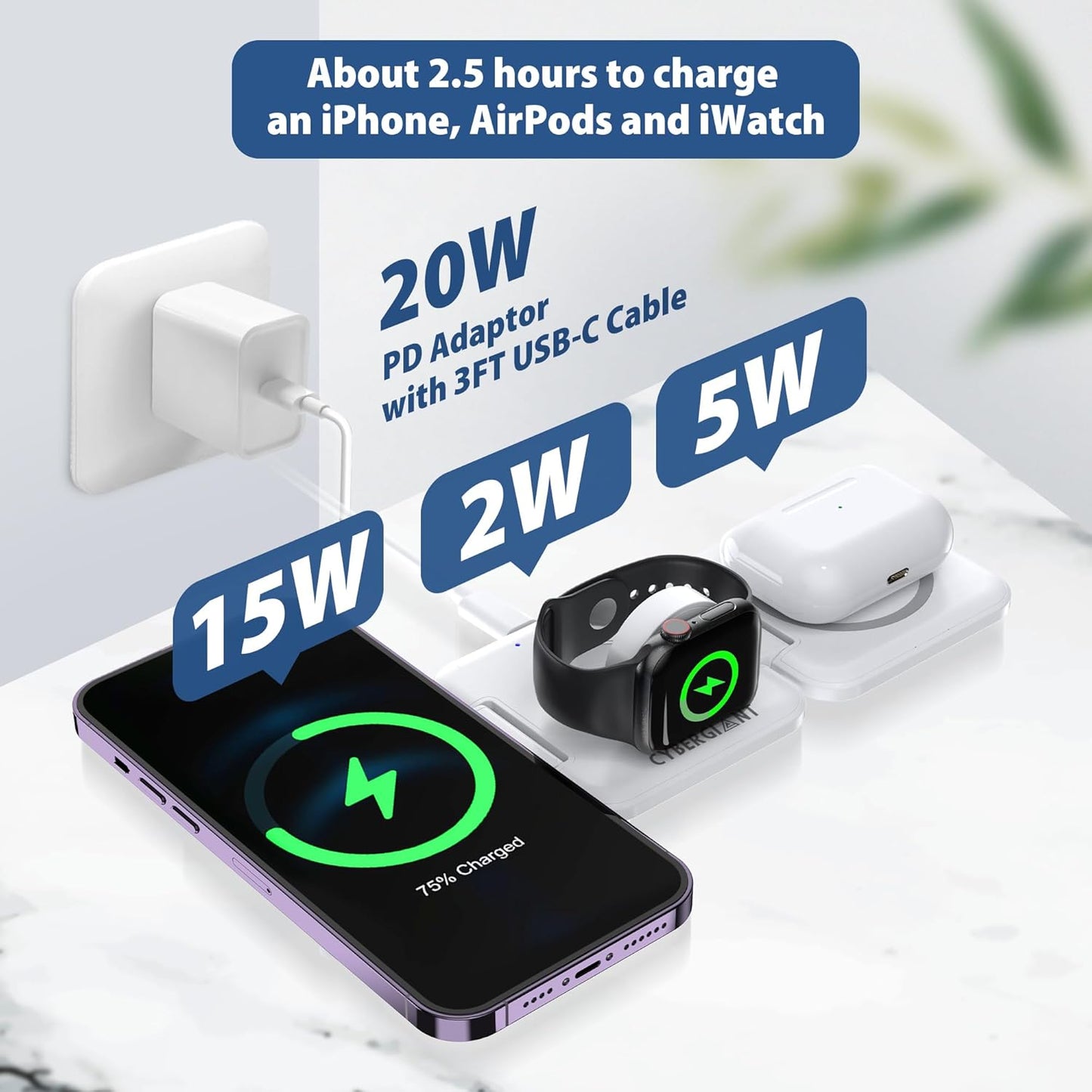 3 in 1 Apple Charging Station for iPhone Airpods iWatch - Travel Charger for Multiple Devices, Portable Foldable Charging Station - Magnetic iPhone Charger with Adaptor&Case (White)