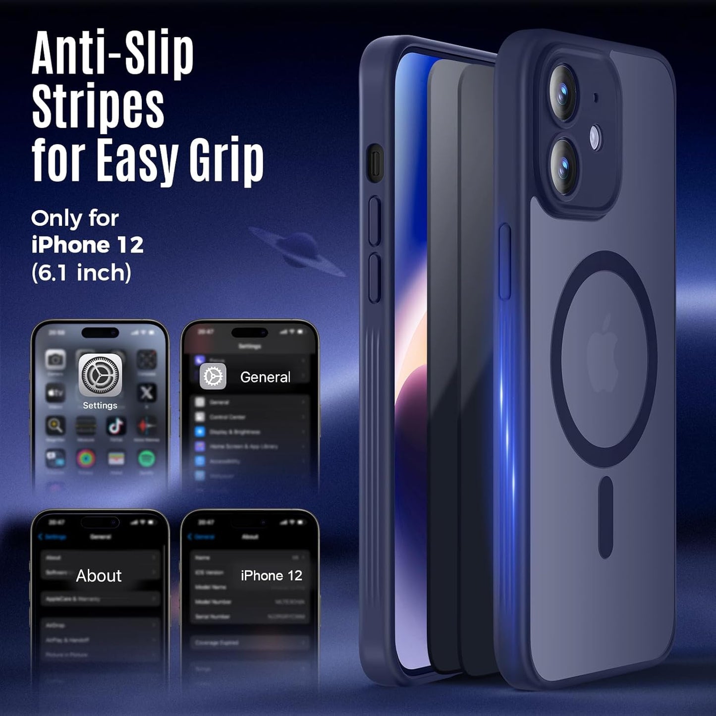 Designed for iPhone 12 Case, Compatible with MagSafe, with Privacy Screen Protectors X2, [Camera Protection] [15FT Military Drop Protection] Shockproof Phone Case, 6.1", Navy Blue