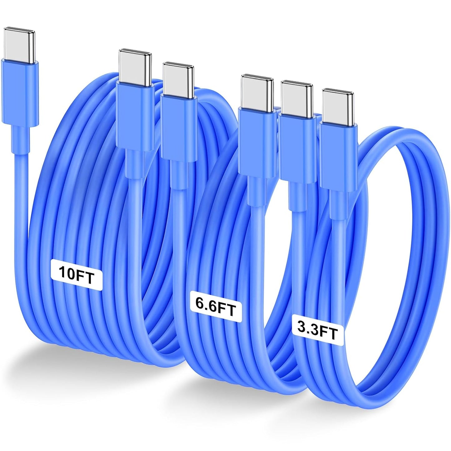 3-Pack Blue [3.3FT+6.6FT+10FT] 60W USB C to USB C Cable, Type C Fast Charging Cable for iPhone 16 15 Pro Plus Pro Max，for Galaxy S24 S23, for iPad Pro/Air, for MacBook Pro/Air and More