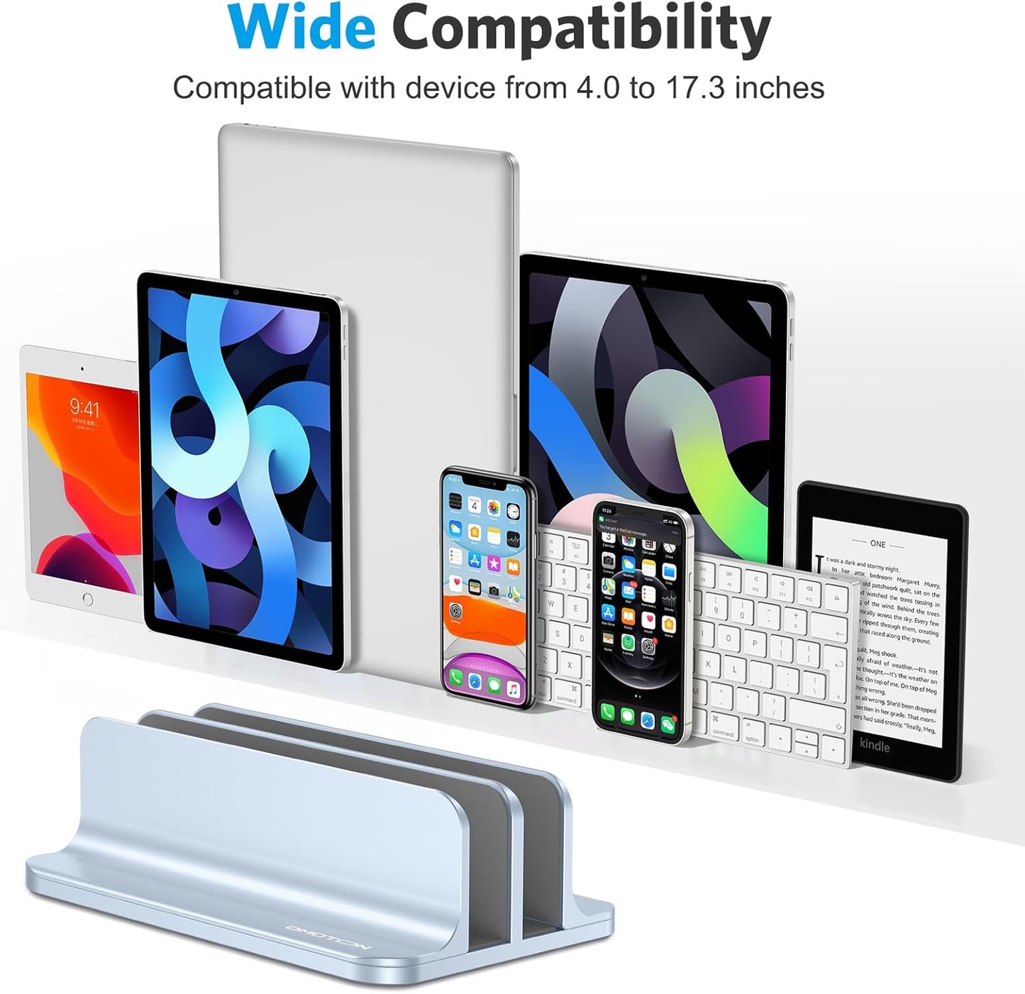 OMOTON [Updated Dock Version Vertical Laptop Stand, Double Desktop Stand Holder with Adjustable Dock (Up to 17.3 inch), Fits All MacBook/Surface/Samsung/HP/Dell/Chrome Book (Sky Blue)