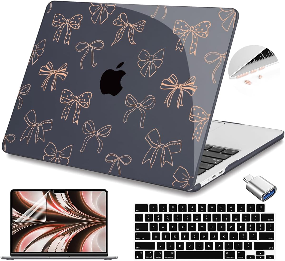 Teryeefi for M4 M3 M2 MacBook Air 13 inch Case 2025 2024 2023 2022 Release A3240 A3113 A2681 Model, for 13.6 inch MacBook Air Hard Shell Case + Keyboard Cover + Type C Adapter, Golden Bowknot-103