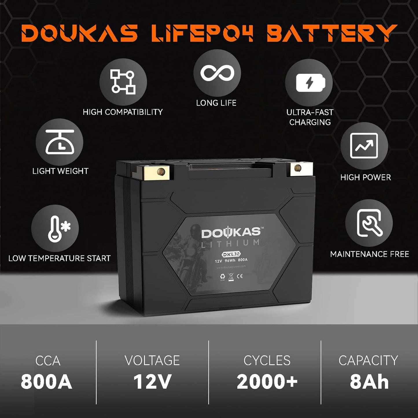 DKL30 800A LiFePO4 Motorcycle Lithium Battery, 12V 8Ah Powersports Battery, Compatible Jet Ski, Quad, Lawn Mower, Scooter, Generator Battery, Snowmobile