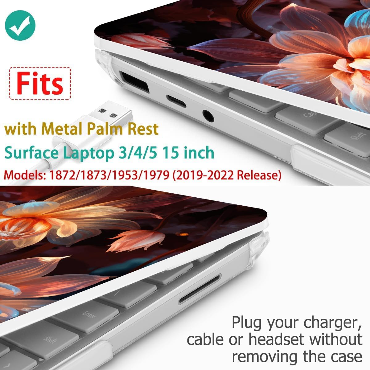 Tuiklol Case for 15 Inch Microsoft Surface Laptop 5/4/3 2022-2020, Model 1979/1953/1872/1873 Hard Shell Cover, Keyboard Cover+Screen Protector+Dust Plugs,Luminescent Flowers