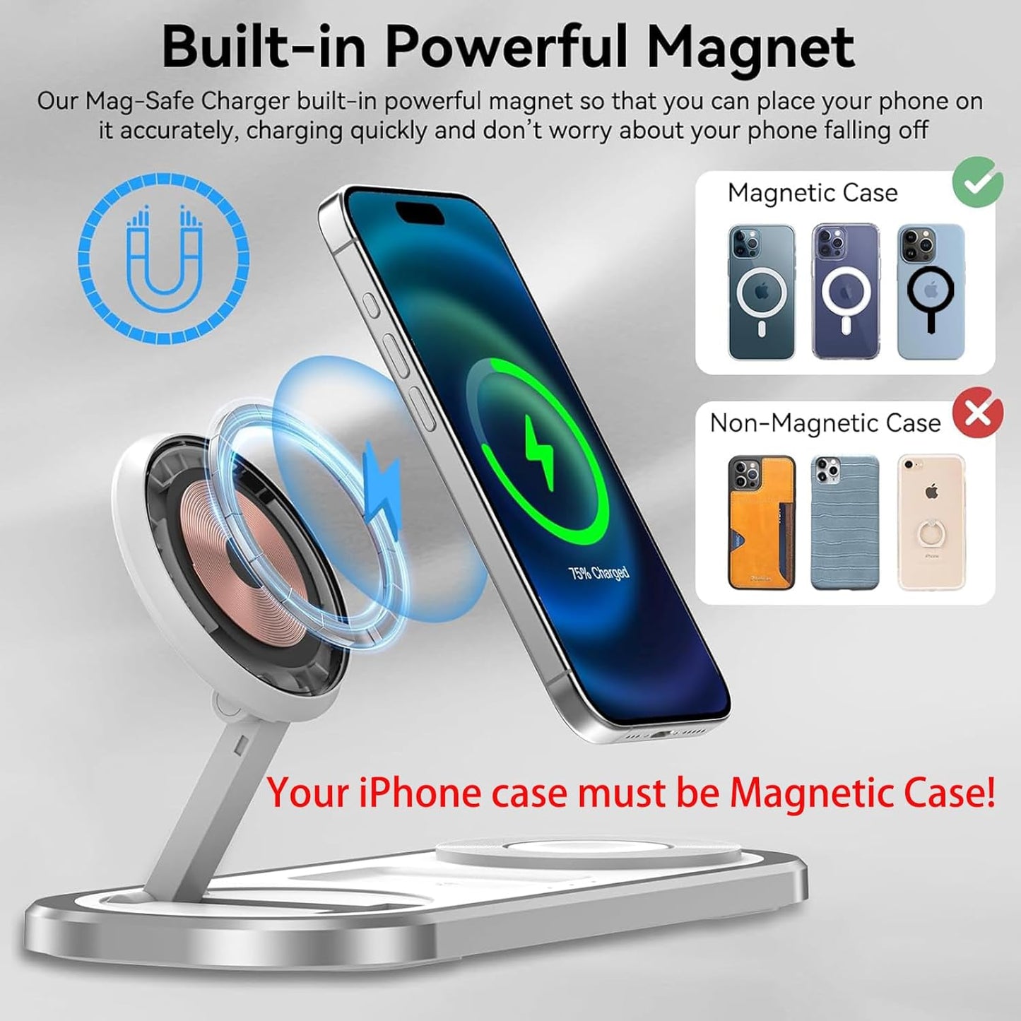 3 in 1 Wireless Charger for iPhone, Foldable Charging Station for Magsafe for iPhone 16/15/14/13/12/Pro Max/Pro/Mini/Plus, Apple Watch 10/9/8/7/SE/6/5/4/3/2/1/Ultra2/Ultra, AirPods pro/2/3/4 (Silver)