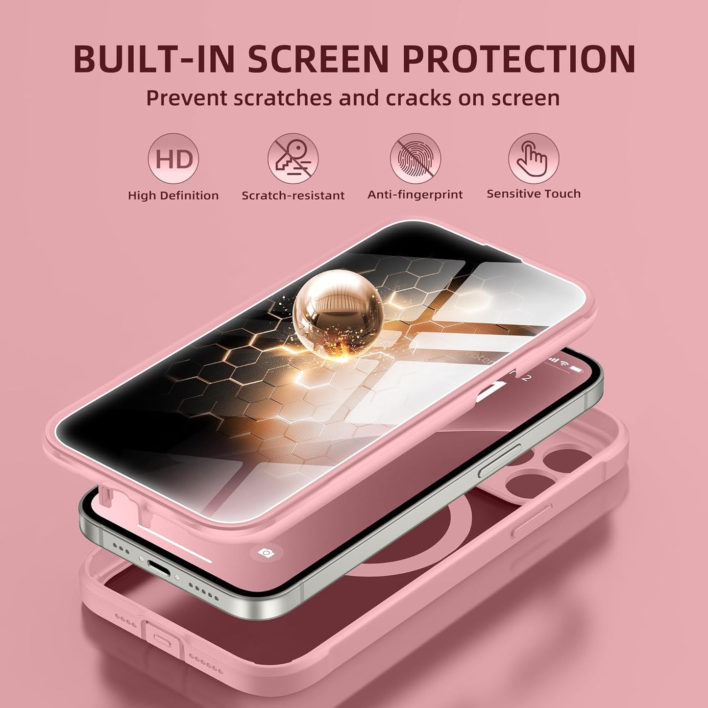 BERFY Magnetic for iPhone 13 Pro Max Case, Compatible with MagSafe, Built-in Privacy Screen Protector and Upgraded Camera Protection, Anti-Spy Full Body Shockproof Phone Case for 13 Pro Max 6.7", Pink