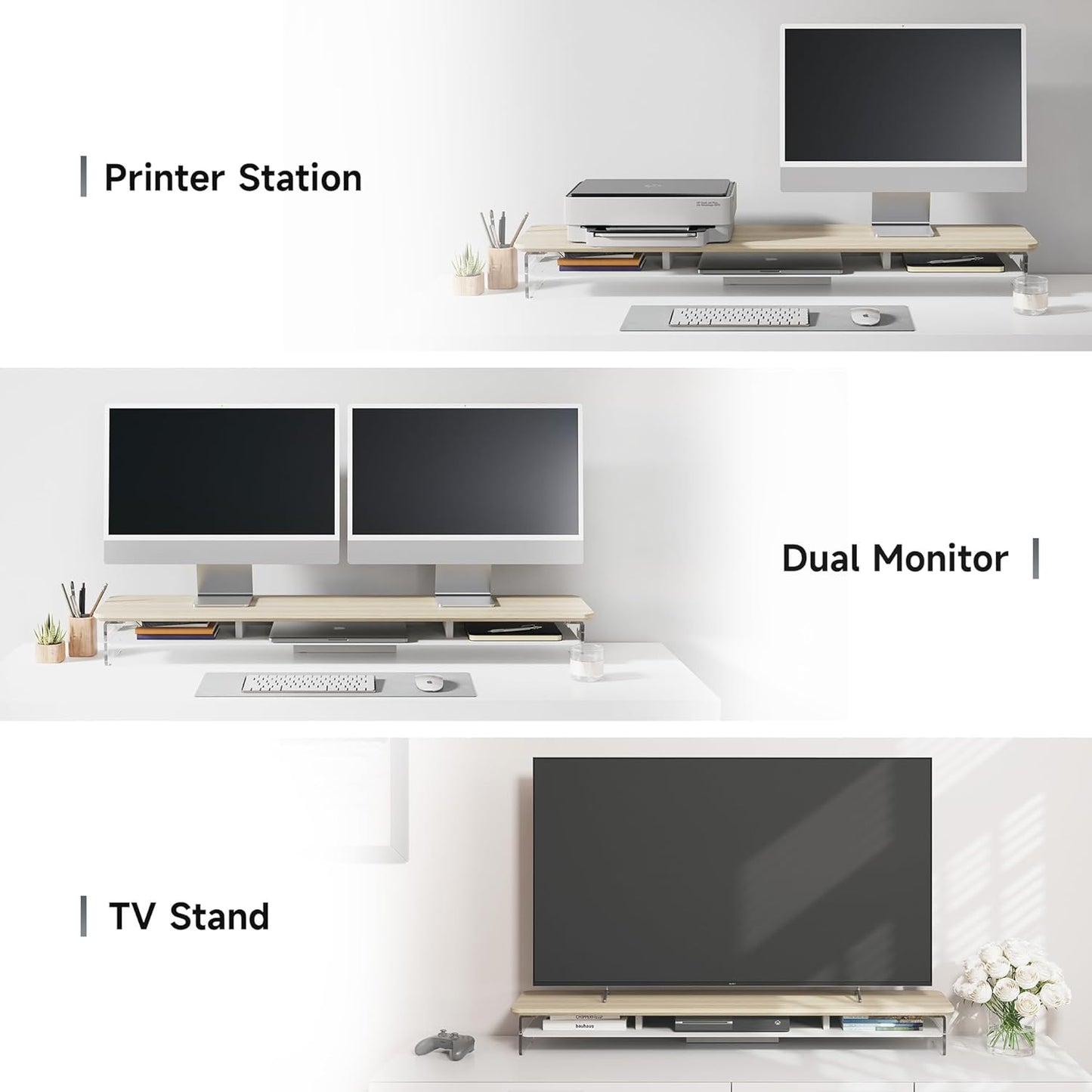 Fenge Acrylic Monitor Stand Riser, 42.5 Inches Dual Monitor Stand with Metal Storage, 2 Tier Acrylic Computer Riser for Desk, Clear Laptop Stand for PC, Laptop, Printer, TV, Oak