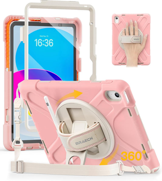 BRAECN for iPad (A16) 11th/10th Generation case 11/10.9 inch 2025/2022 Heavy Duty Shockproof Protective with Pencil Holder Screen Protector 360°Rotating Stand Handle & Shoulder Strap Full Body Cover