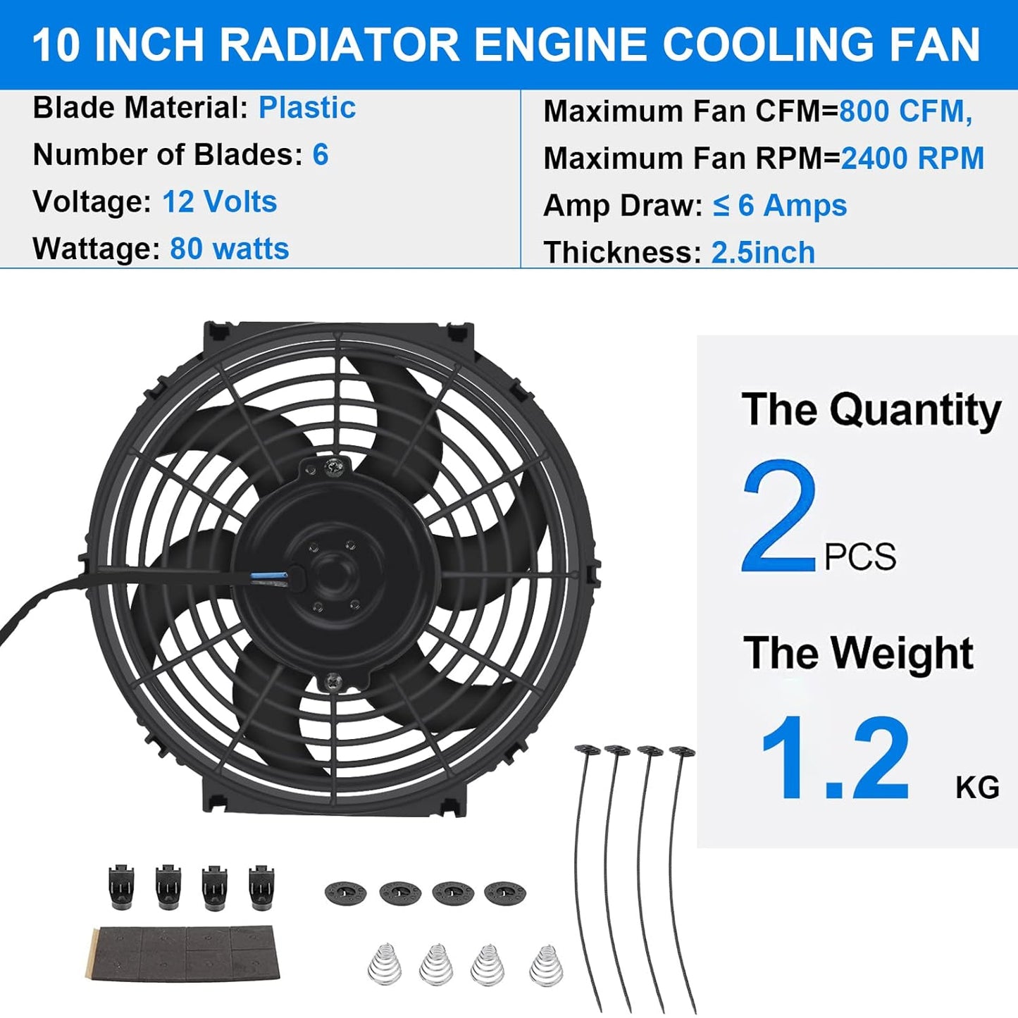 2PCS 10 Inch Universal High Performance Slim Fan Push Pull Electric Radiator Cooling Fan 12V 80W Mount Kit Black