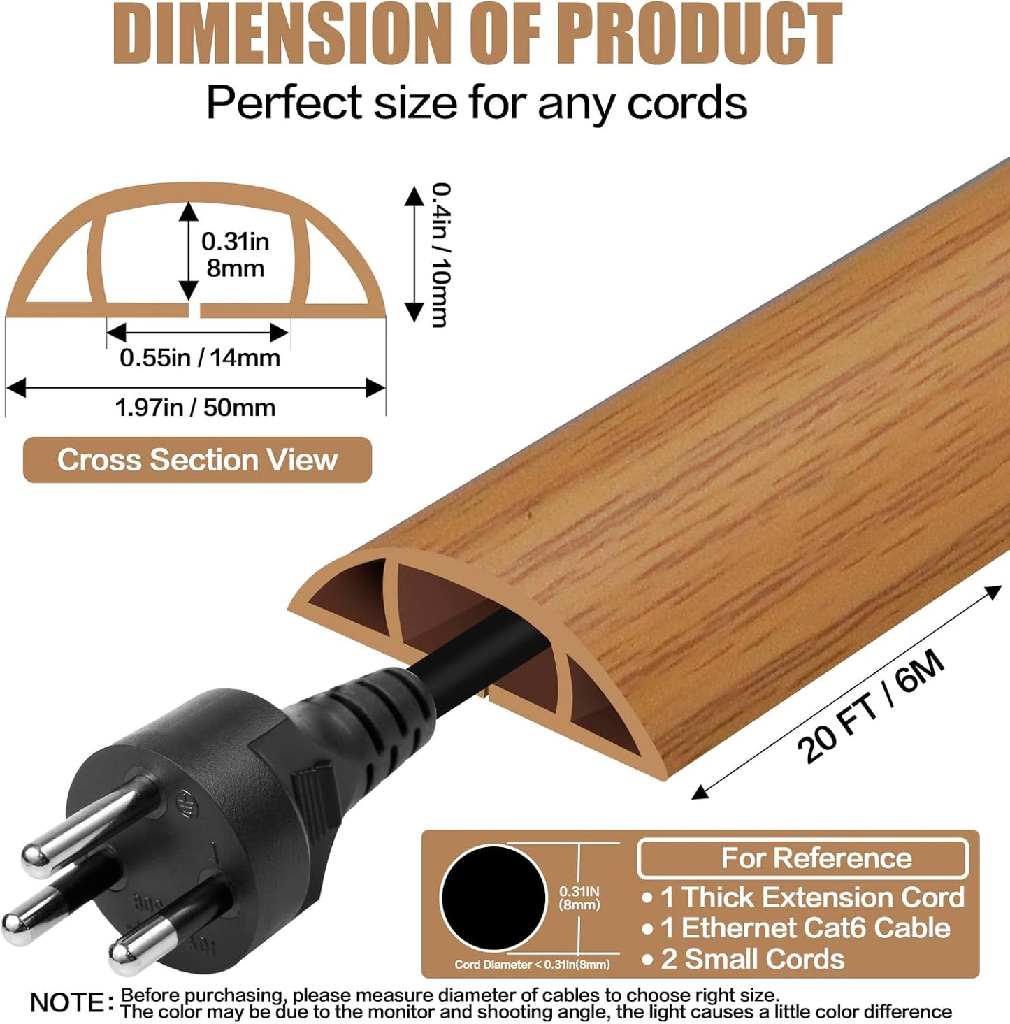 Floor Cord Cover Self Adhesive Cord Hider,20FT Cable Management, Extension Strip Protector for Wires, Prevent Cable Trips for Offices, Gyms, Exhibitions Cavity:0.47"(W) x 0.35"(H) Brown Wood