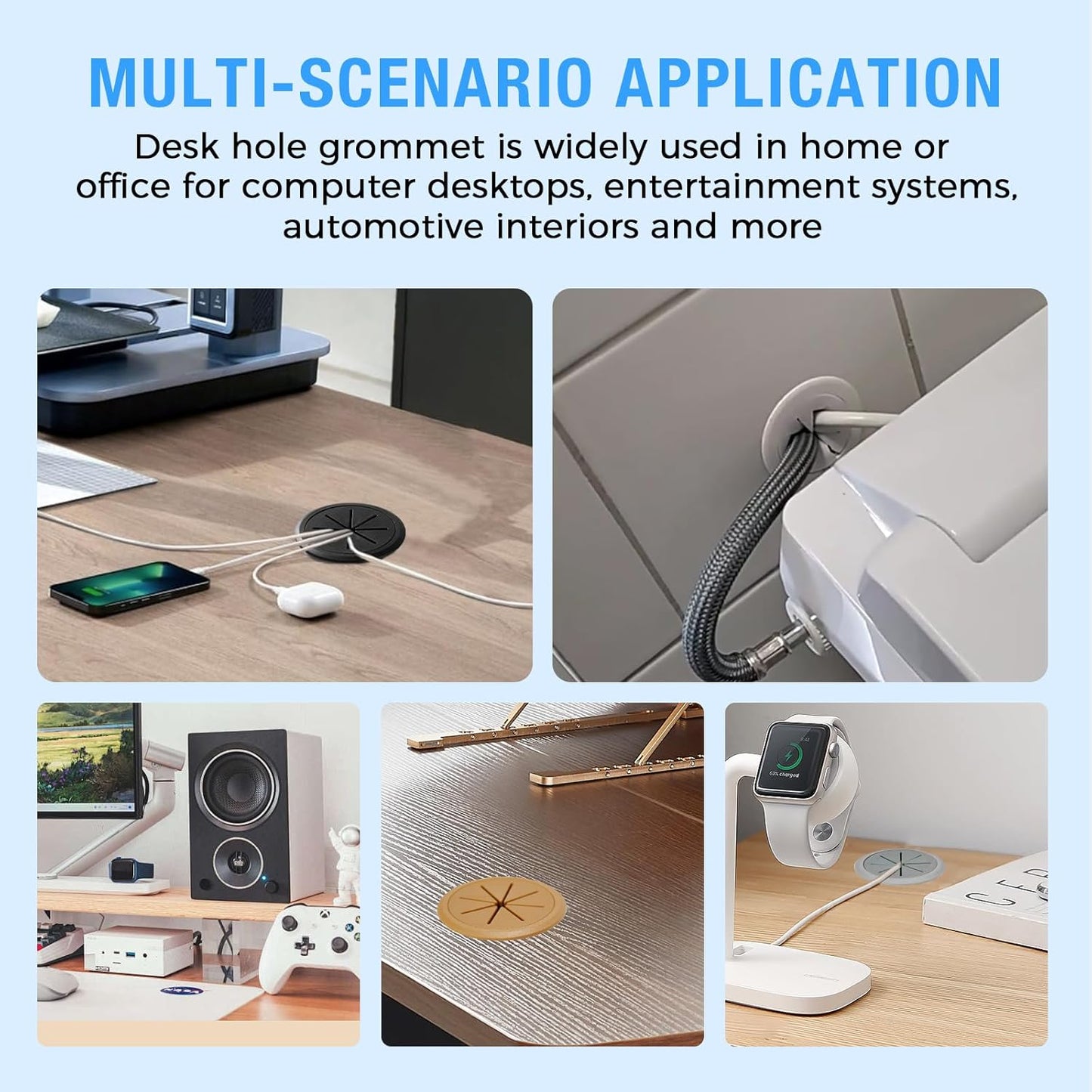 Desk Grommet 2-1/16" (53 mm), Desk Hole Cover for Cables Grey, Cable Grommet ABS Plastic, Desk Hole Grommet for Office and Home Table Cable, Detachable & Flexible Cable Cord Organizer-2 Pcs