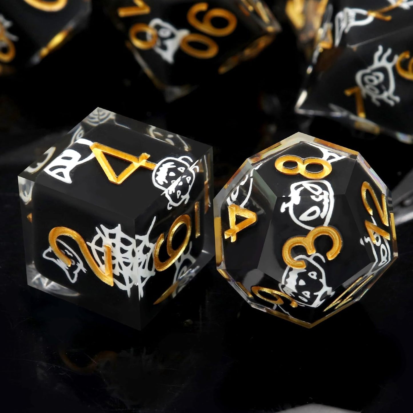 Haxtec Sticker Sharp Edge Dice Halloween Dice Resin DND Dice Set 7PCS Glow in The Dark Polyhedral D&D Dice for Compatible with Dungeons and Dragons