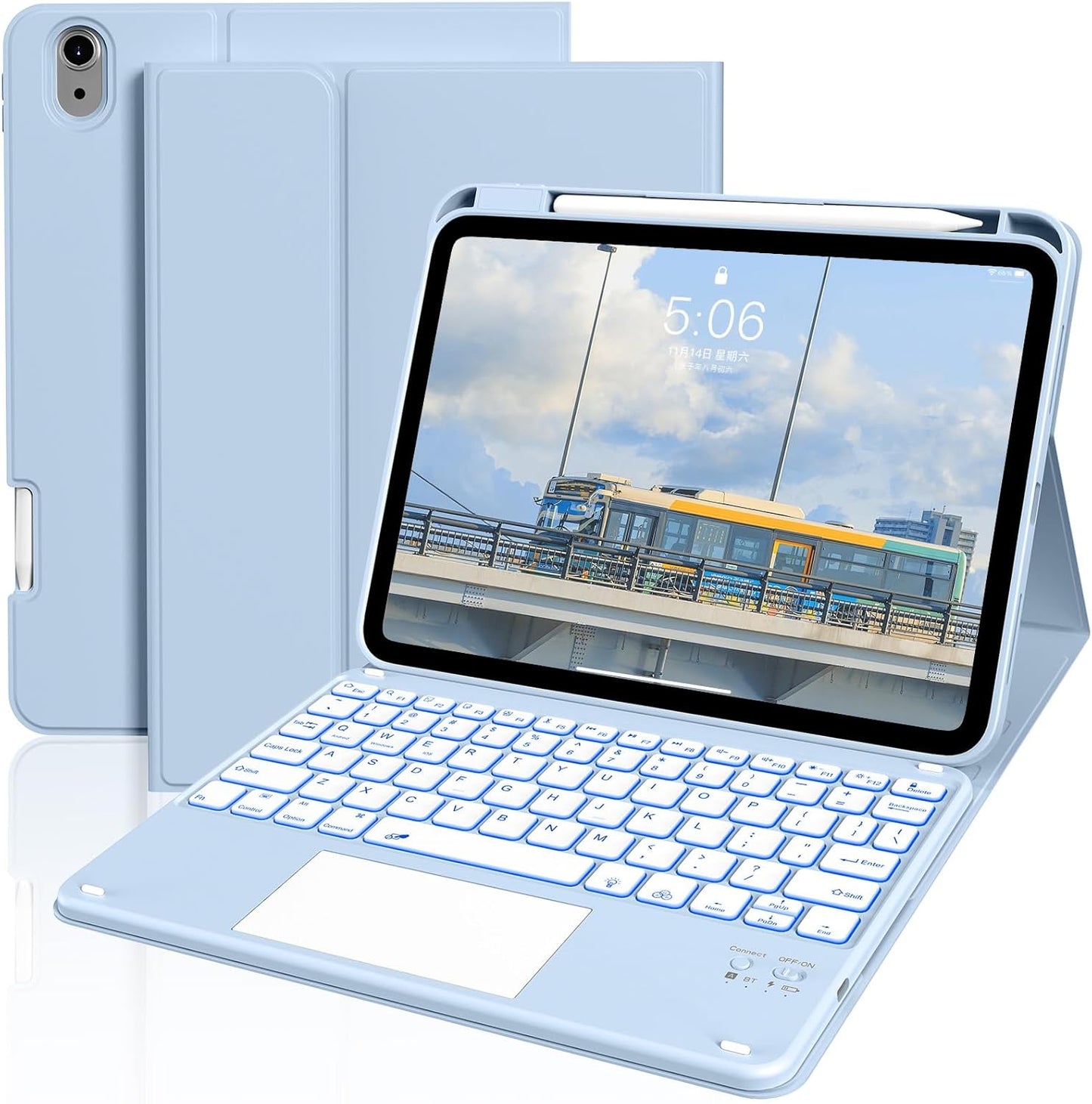 JKSML for iPad(A16) 11th/10th Generation Case with Keyboard (11/10.9 inch) 2025/2022, 7 Color Backlight Detachable Bluetooth Cover with Trackpad, Flip Stand Case Thin with Pencil Holder, White ice