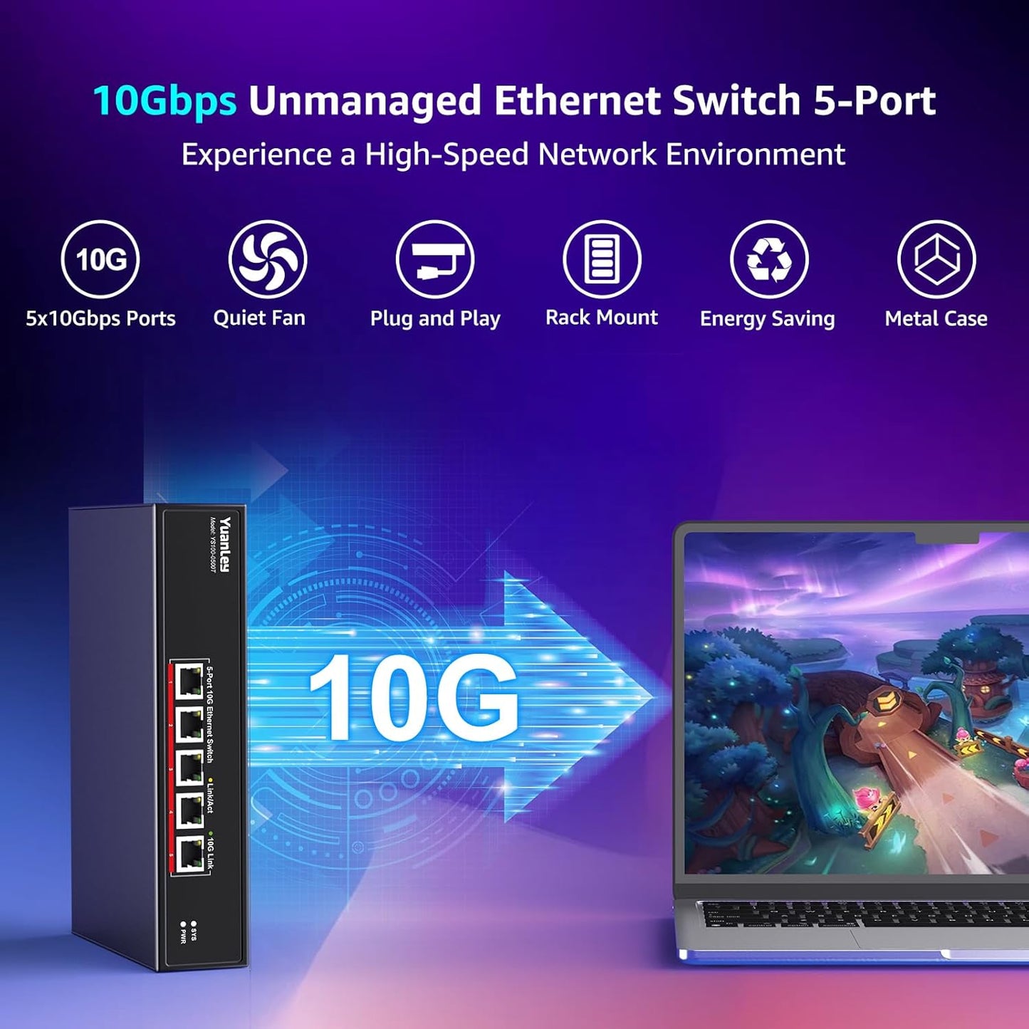 YuanLey 5 Port 10G Ethernet Switch, 5 x 10Gbps RJ45 Ports, Support 10G/5G/2.5G/1G/100Mbps Speed Auto-Negotiation, 100Gbps Switching Capacity, Unmanaged Switch Rackmountable, Plug and Play