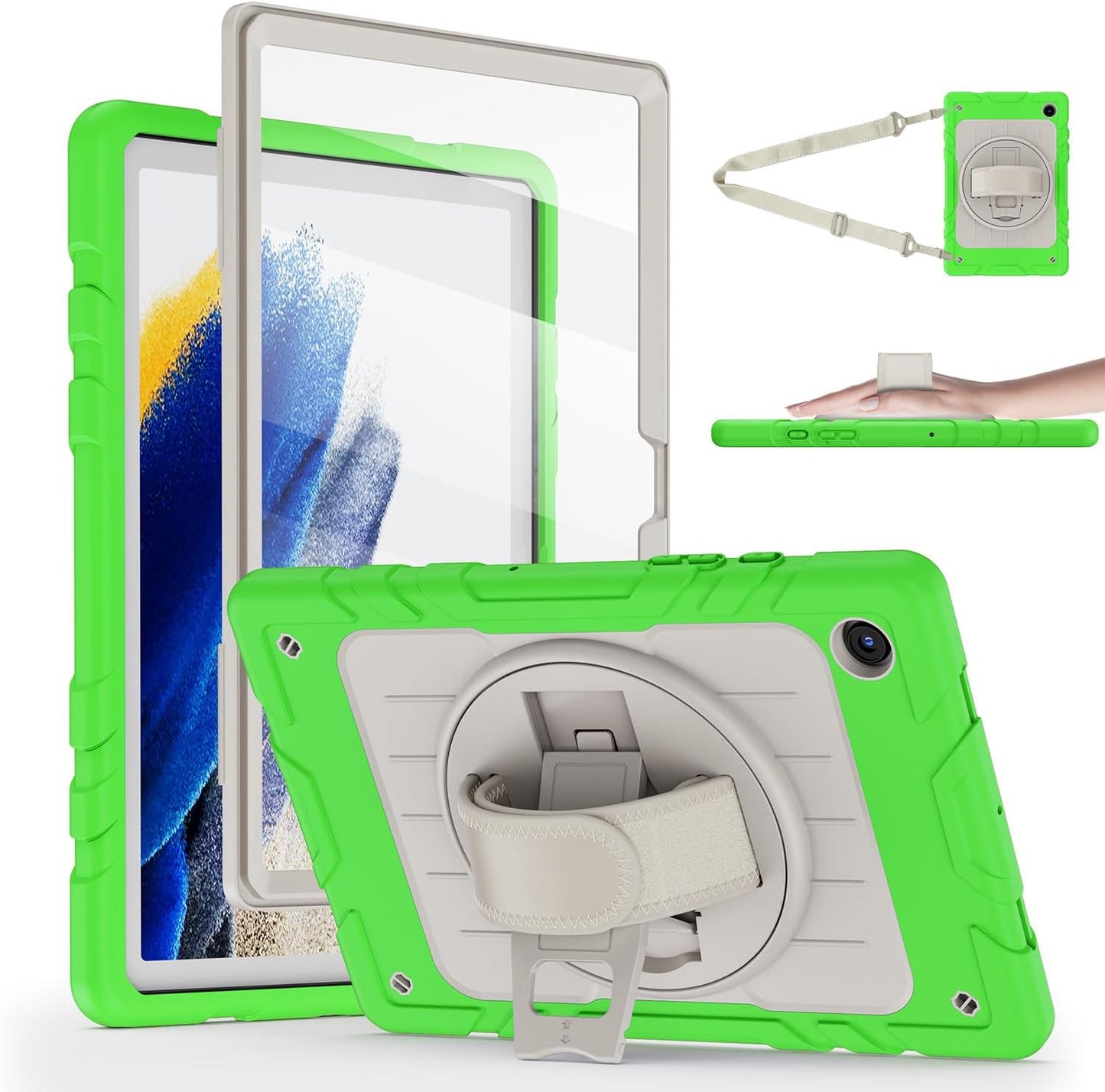 for Samsung Galaxy Tablet A8 Case 10.5 inch 2022 SM-X200/X205/X207 with Screen Protector [360 Rotating Stand] &Hand Shoulder Strap Shockproof Rugged Protective Cover|Green&Beige