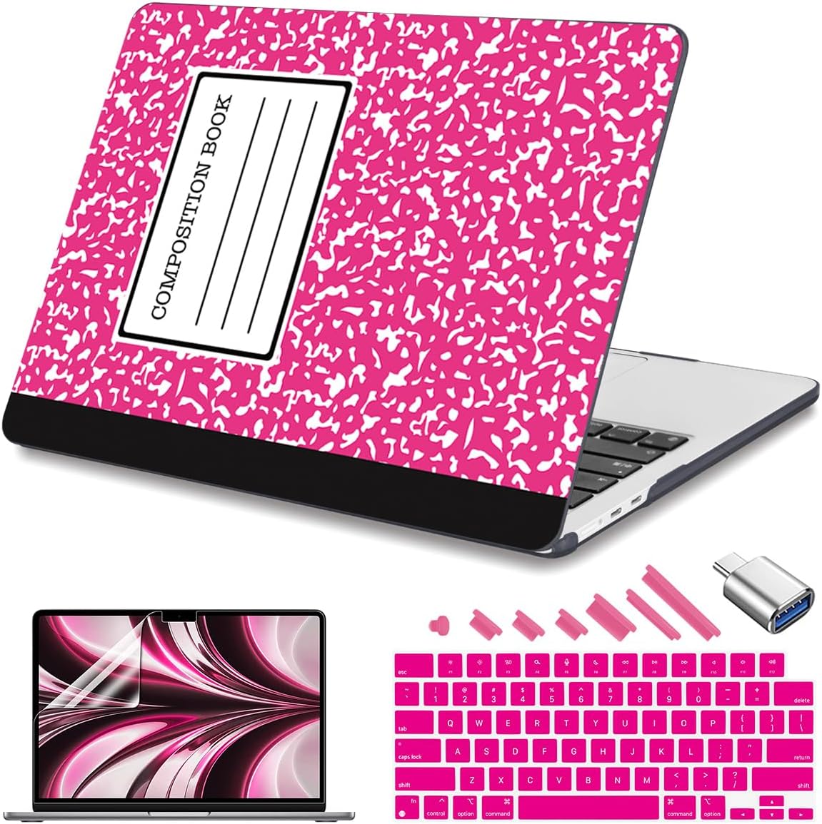 Teryeefi Compatible with MacBook Air 13 inch Case 2025 2024 2023 2022 M4 A3240 M3 A3113 M2 A2681, Plastic Hard Shell&Keyboard Cover&Screen Film&Type C for MacBook Air 13.6 inch, Composition Book A007