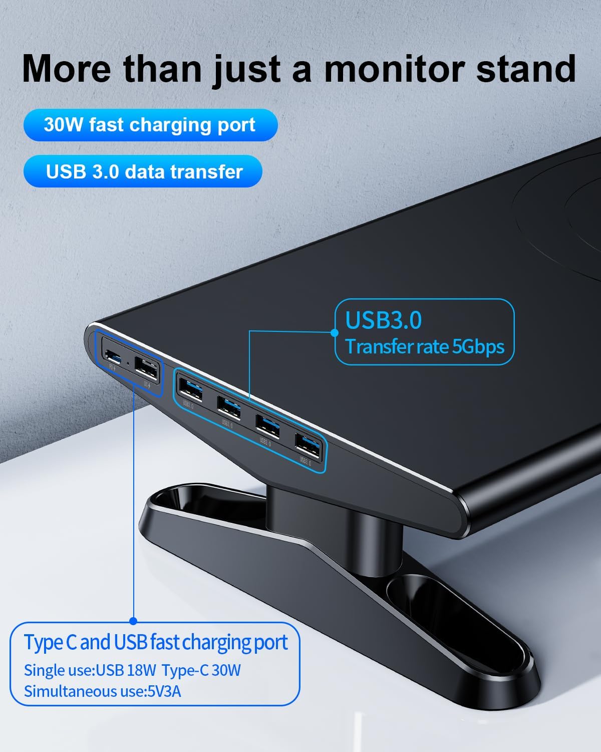 Computer Monitor Stand Riser for Desk with Usb Hub Charging,30W/5Gbps Usb C Docking Station with Power,4.5-6.3''Freely Height Adjustable with Phone Holder,Monitor Stands Riser for PC,Laptop,Printer,TV