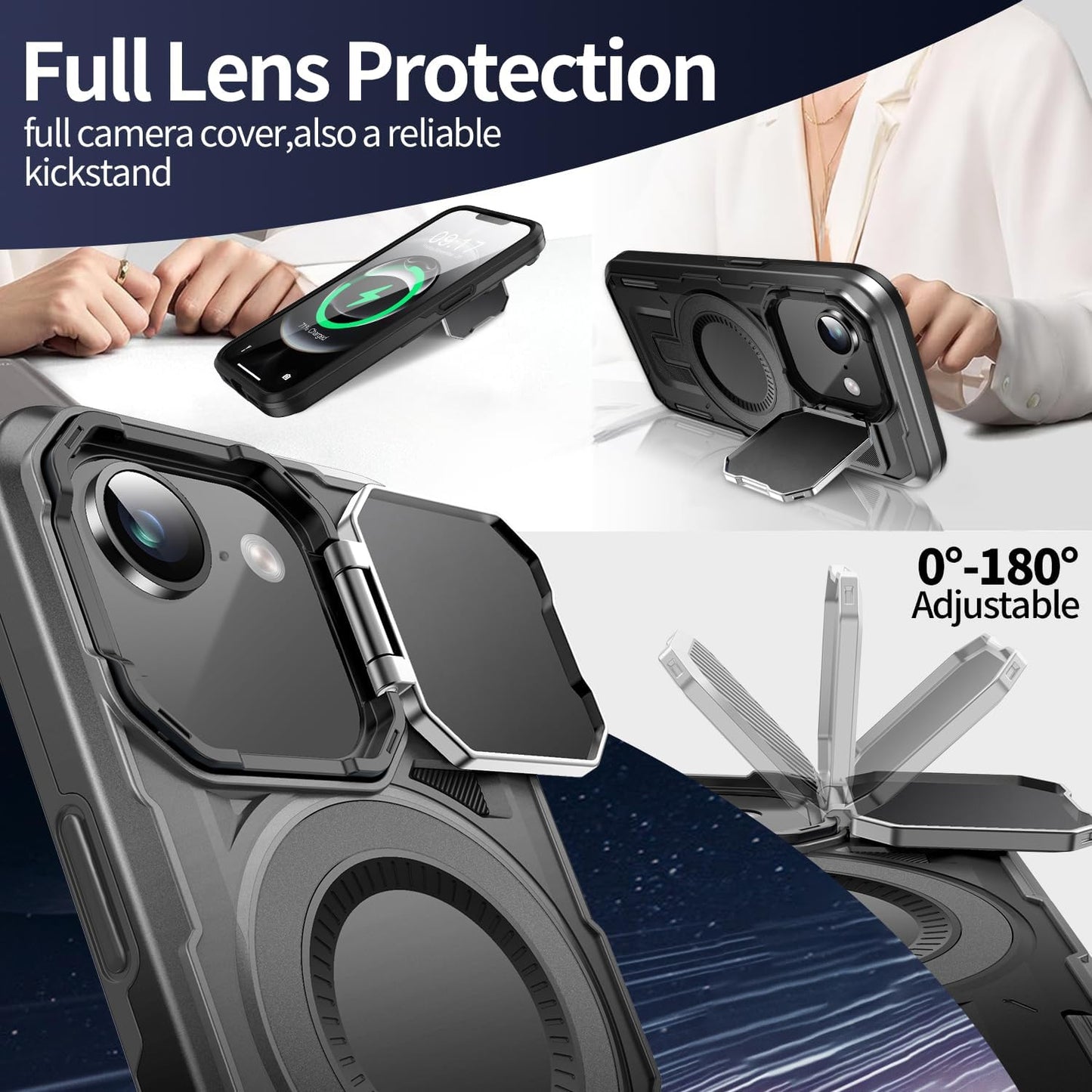 Camera Stand Case for iPhone 16E, [Compatible with Mag Safe] [Lens Cover] 2024 Version Military Grade Protective Soft Case for iPhone 16E 6.3 inch Men Women, Black