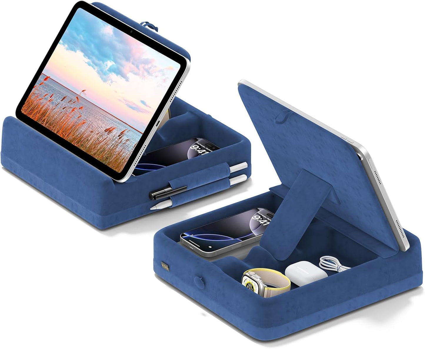 KDD Tablet Pillow Stand with Storage, Foldable iPad Holder for Lap, Desk and Bed, Angle Adjustable Soft Pad Dock with Stylus Mount Compatible with iPad Pro, Air, mini, Book, Phone and Tablet (4-13")