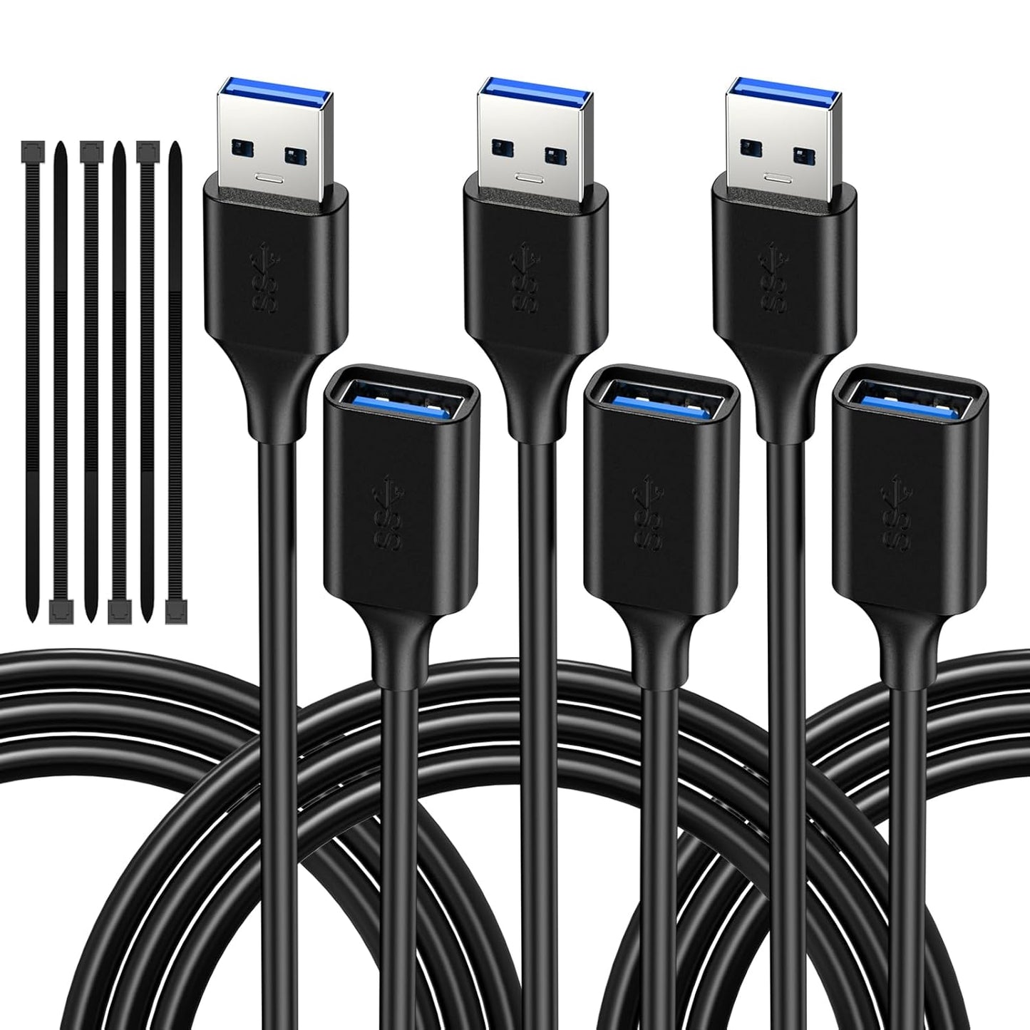 7FT USB 3.0 Extender Cord (3 Pack) - A to Female, Compatible with Flash Drive, Hard Drive, Card Reader, Webcam, Printer, Keyboard, Mouse, Playstation, Xbox, VR Headset