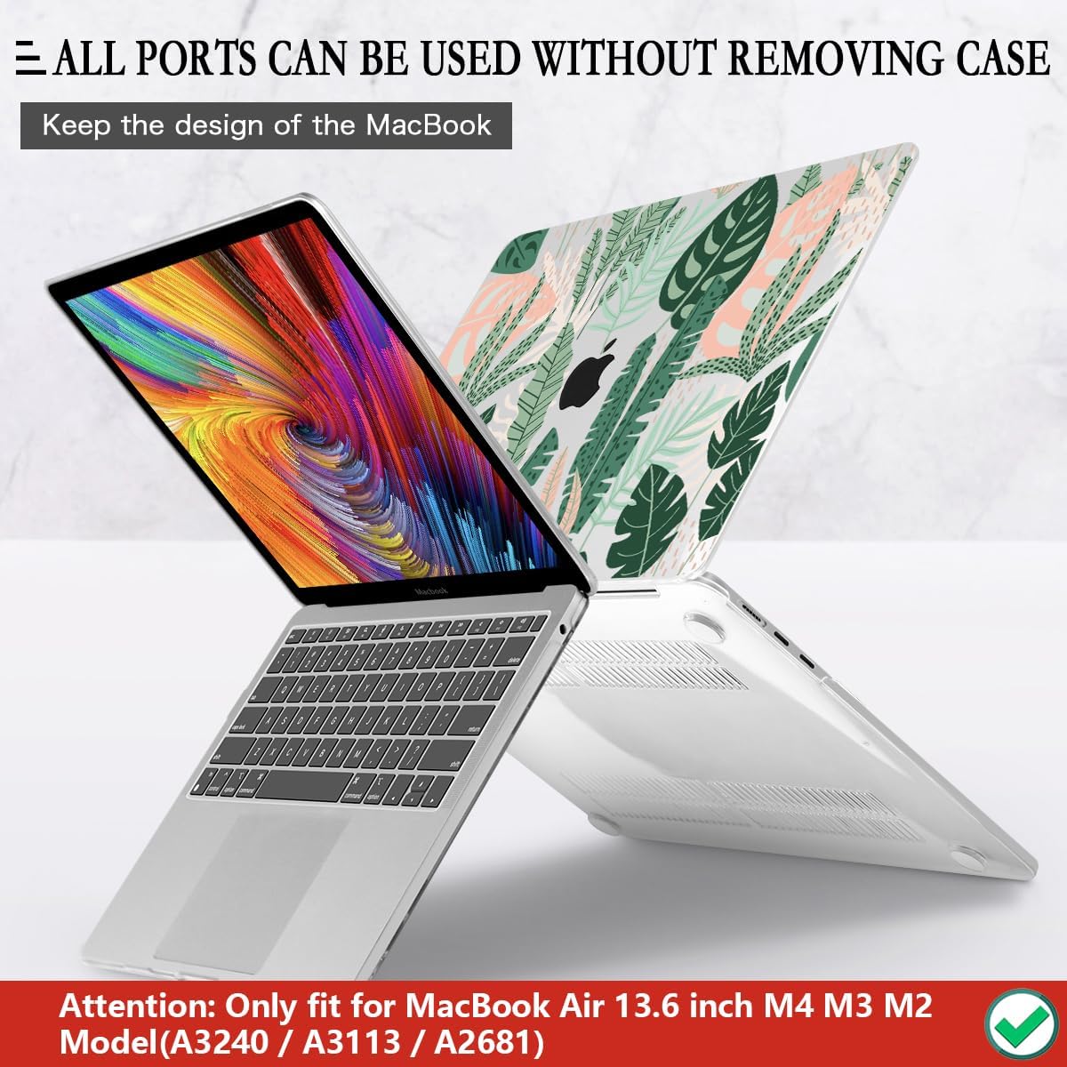 CISSOOK MacBook Air 13.6 inch Case A2681 M2 A3113 M3 with Touch ID, Tropical Palm Leaves, Hard Shell, Keyboard Cover, Screen Protector, Type C Adapter