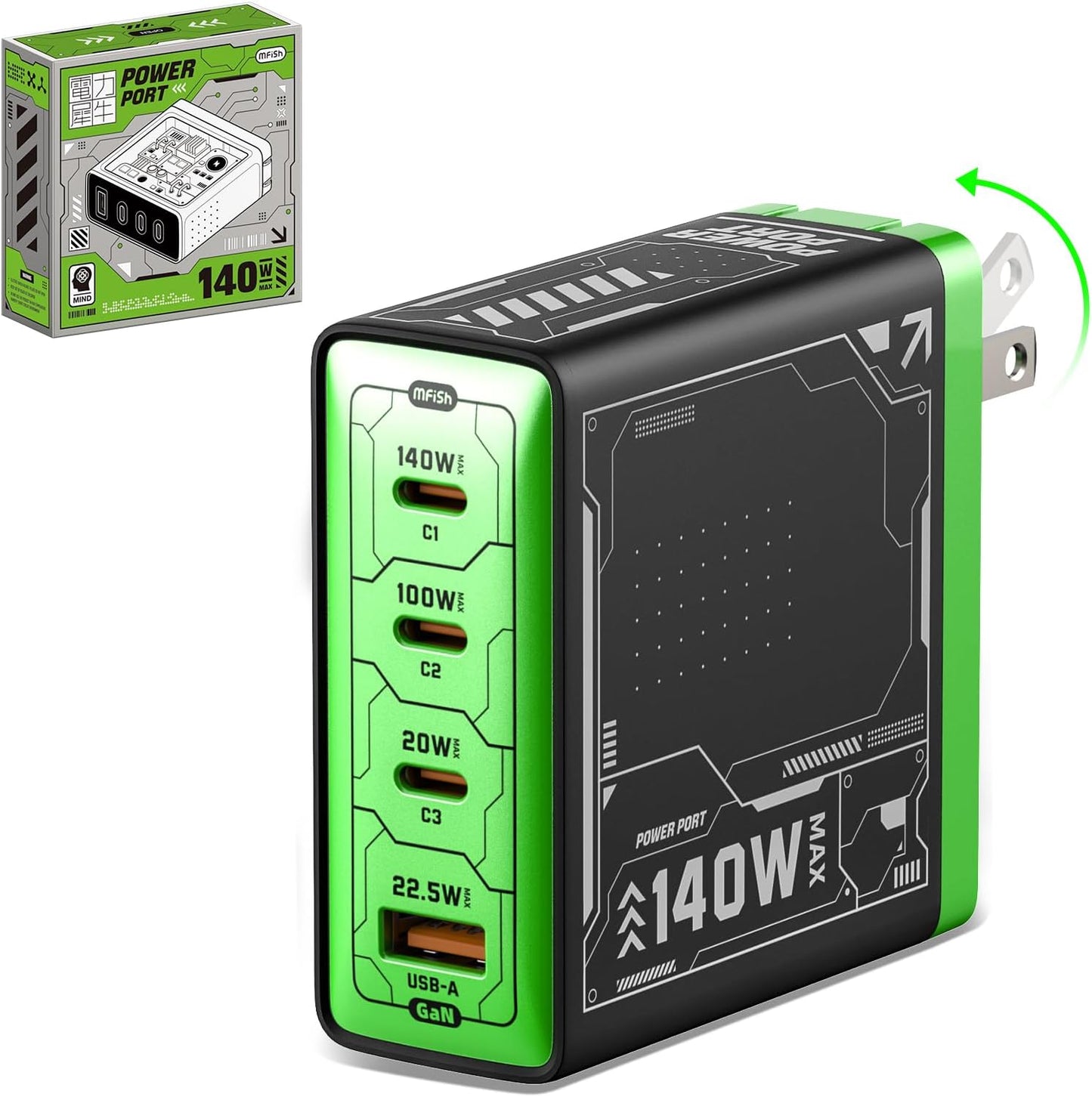 Mfish 140W USB C Charger, 4-Port GaN Charger Block, Foldable Fast Laptop Charger Power Adapter for MacBook Pro/Air, iPad Pro, iPhone 16 Pro, Galaxy S25/S24, Steam Deck, Google Pixelbook, and Tablet