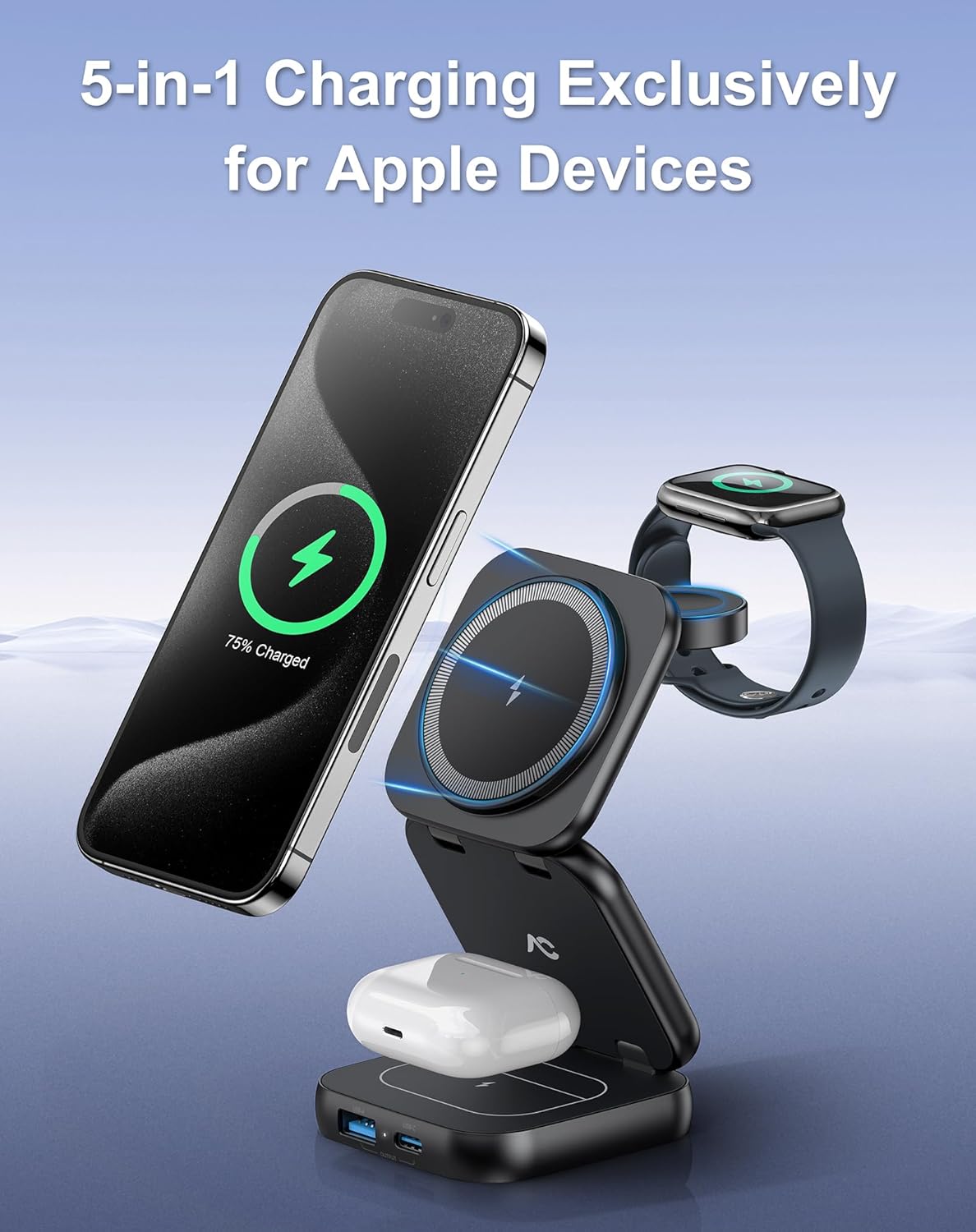 5-in-1 Wireless Charger for MagSafe, AC ISLAND Portable Travel Charging Station, 15W Max Fast Foldable Magnetic Stand, Evolved for iPhone 16/15/14/13 Series, Apple Watch, AirPods (with 35W Adapter)